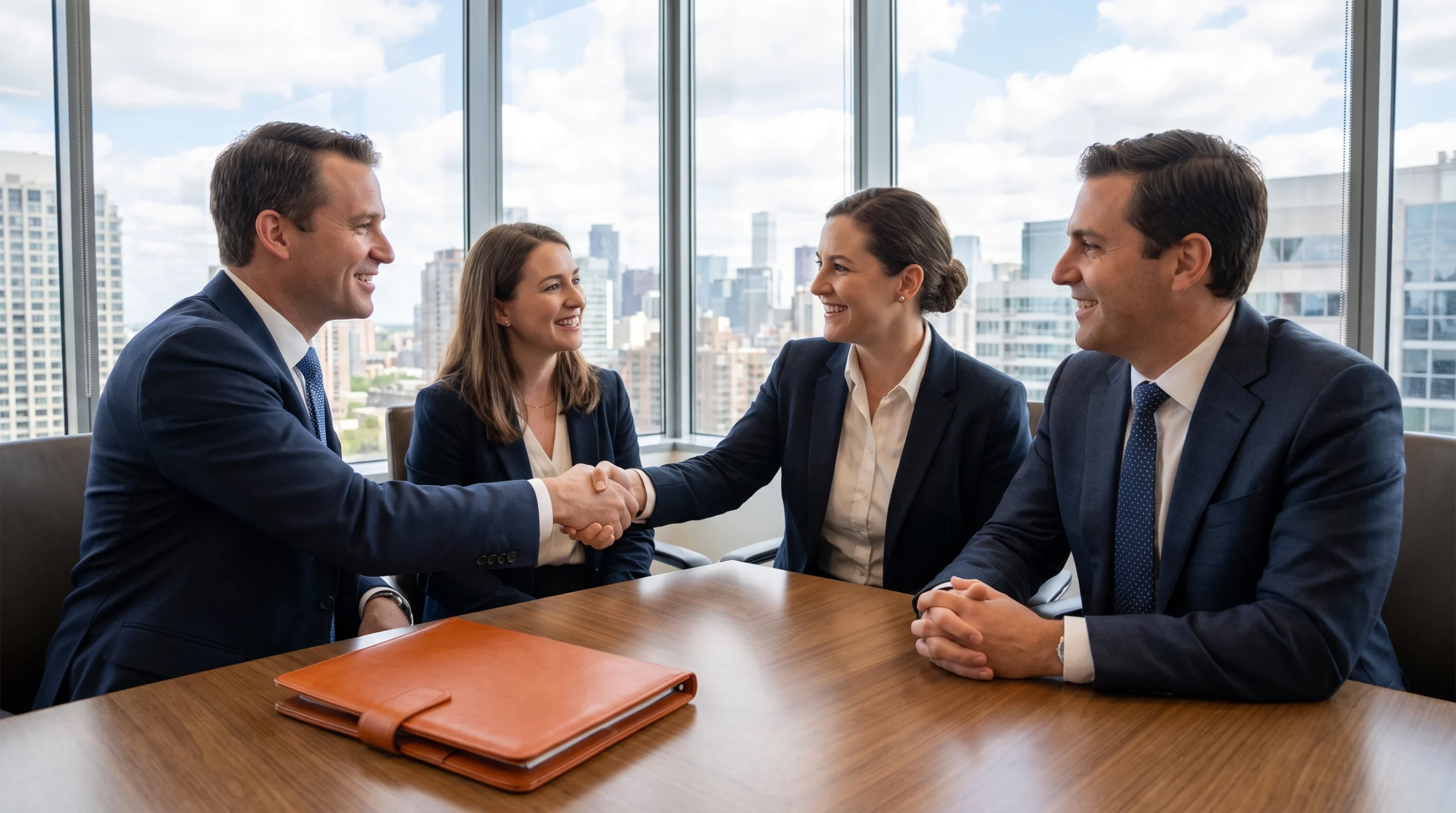 Executives shaking hands and talking in a corporate boardroom with a city skyline and an orange leather portfolio on the table