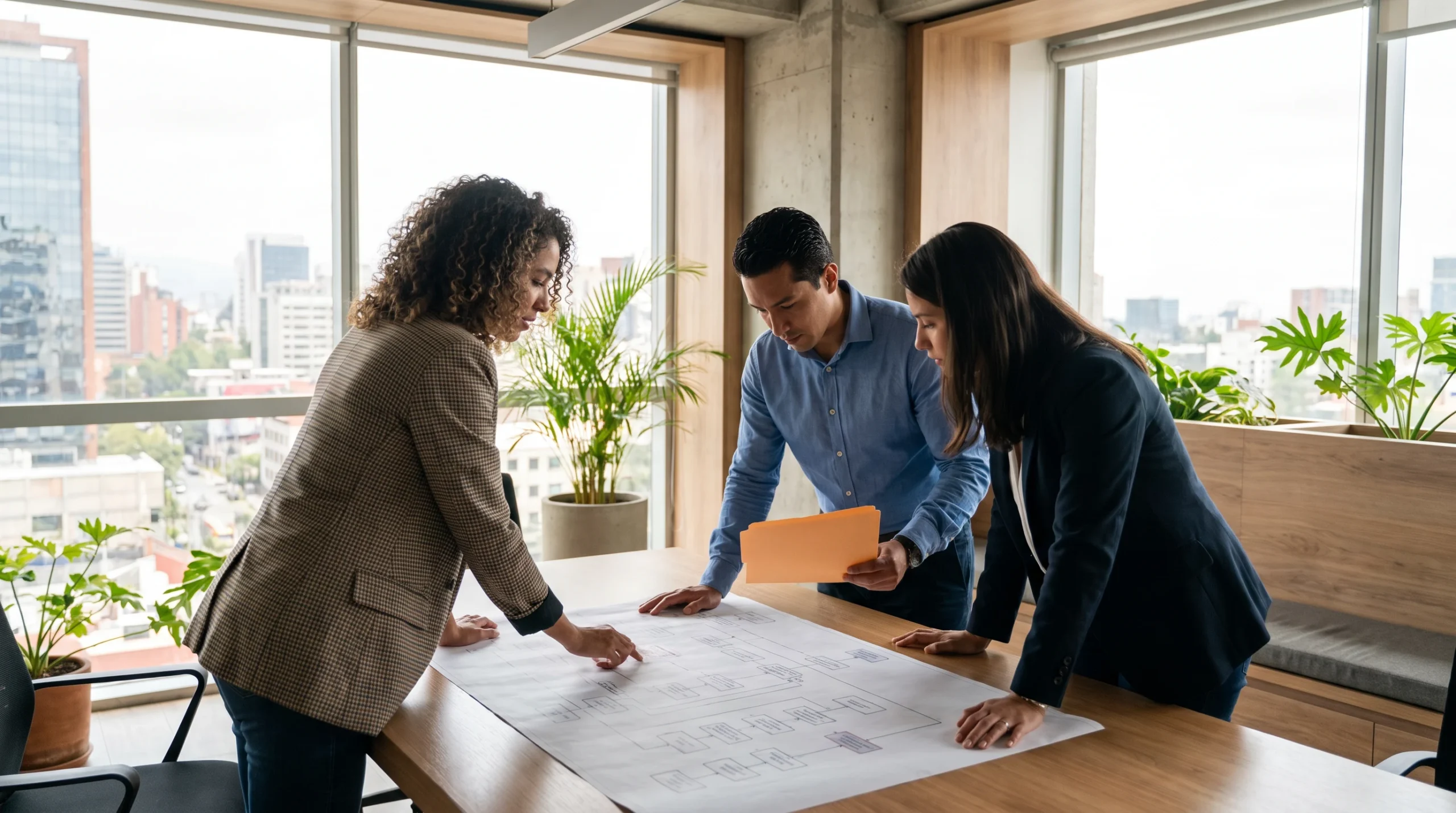 Enterprise architecture team reviewing a printed capability model diagram around a conference table in a modern Latin American office