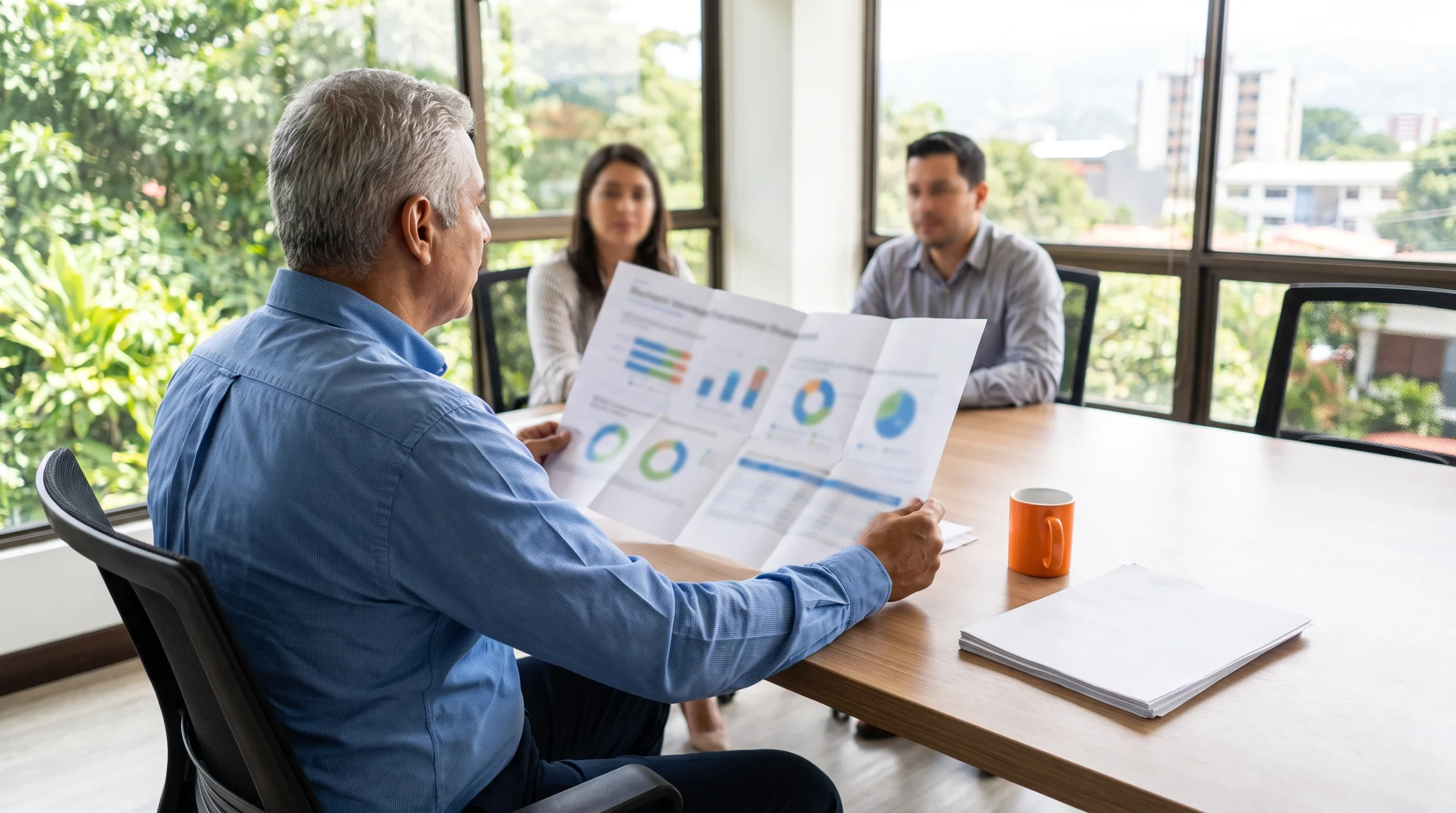 Nearshore enterprise architect presenting a technology roadmap to stakeholders on a printed document in a bright Costa Rica office, orange accent notebook on the table