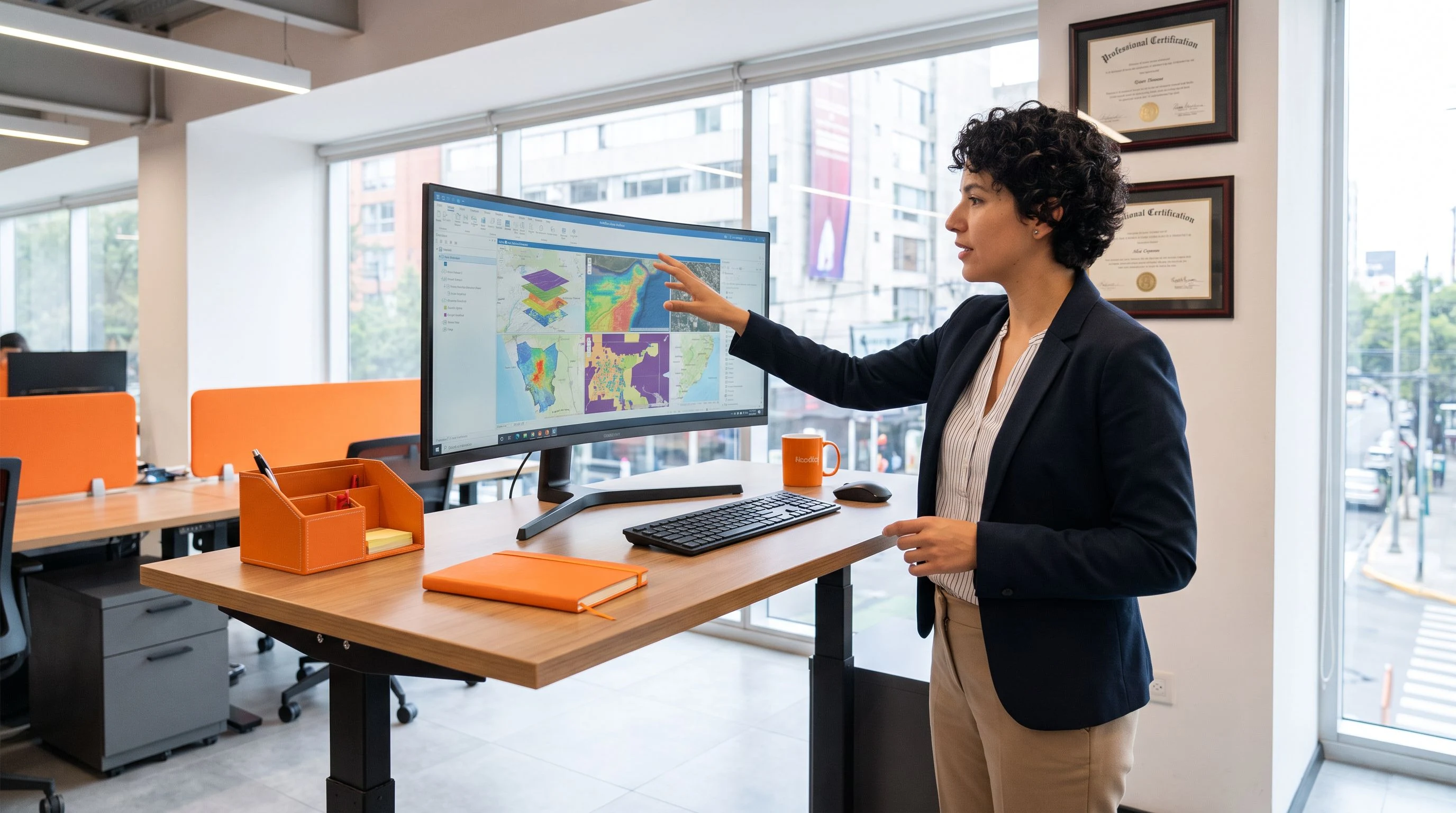 GIS analyst with Esri certification documents reviewing compensation benchmarks at standing desk