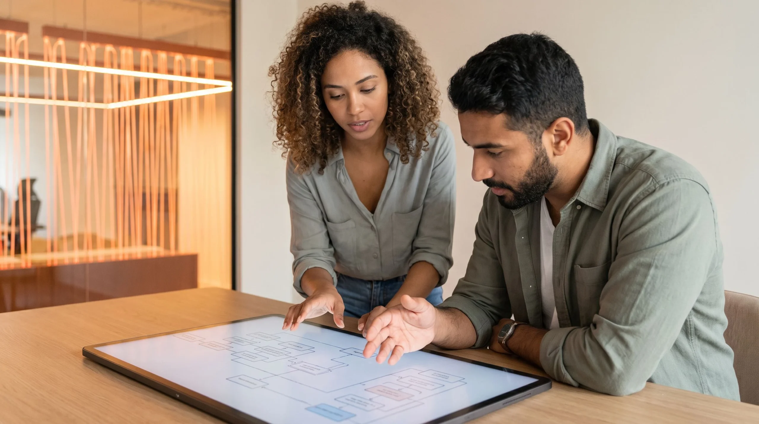 Two engineers reviewing an iOS app architecture flowchart on a tablet during a planning session