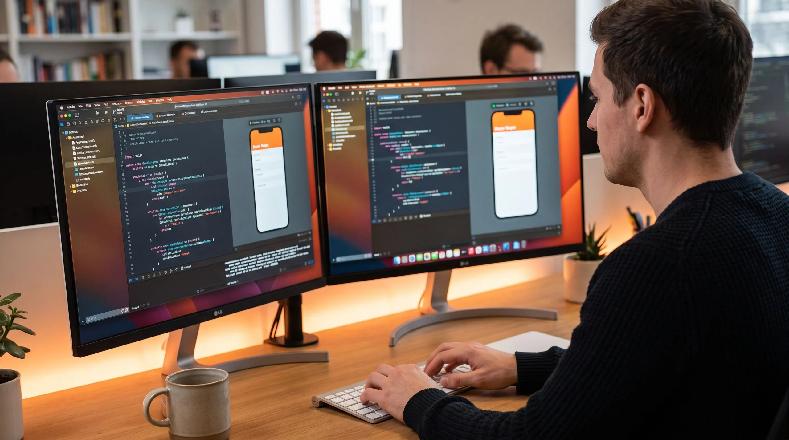iOS developer working over-the-shoulder with Xcode and SwiftUI app preview on dual monitors