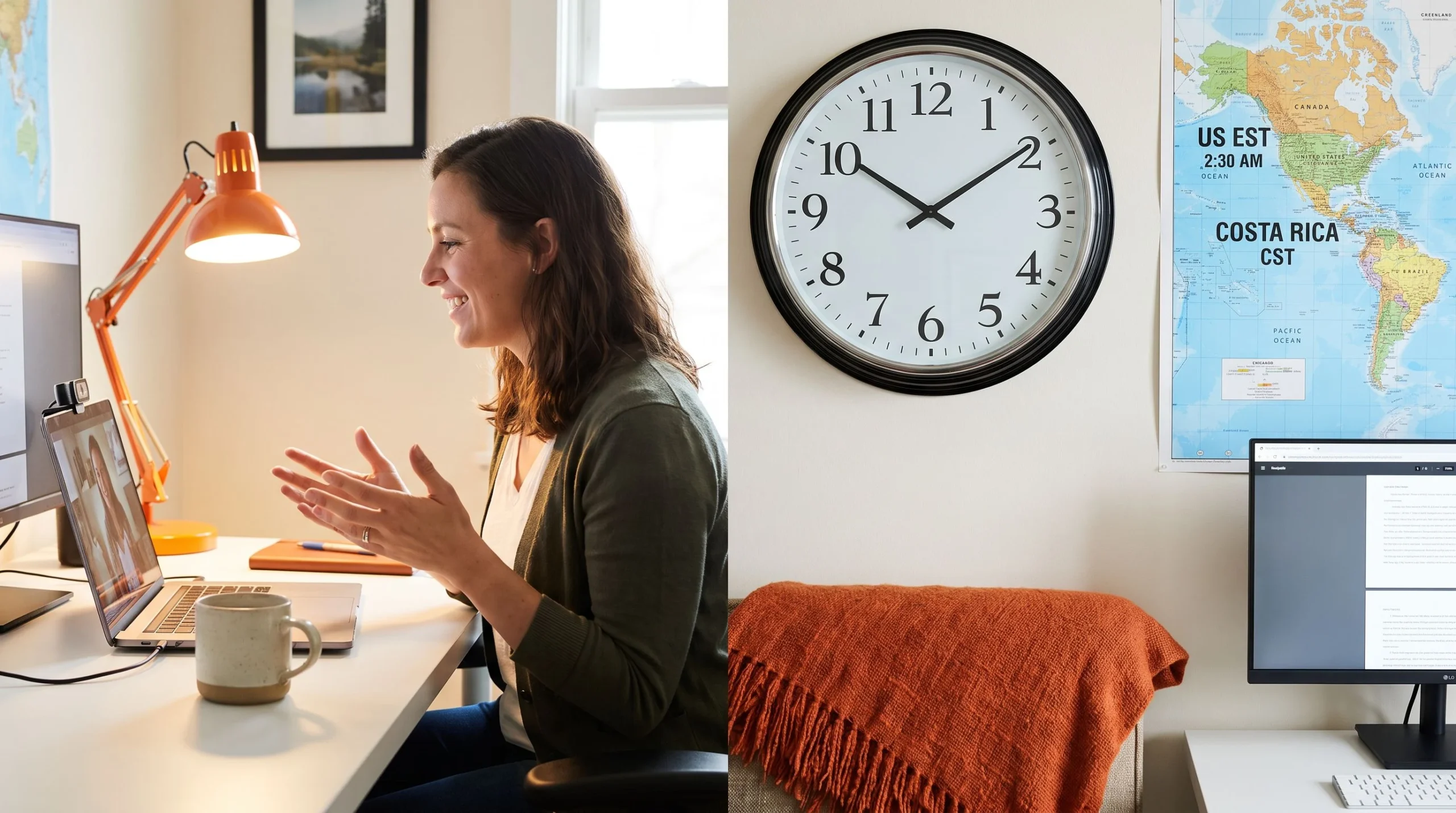 Remote developer on a video call with a wall clock and map showing US and Costa Rica timezone overlap