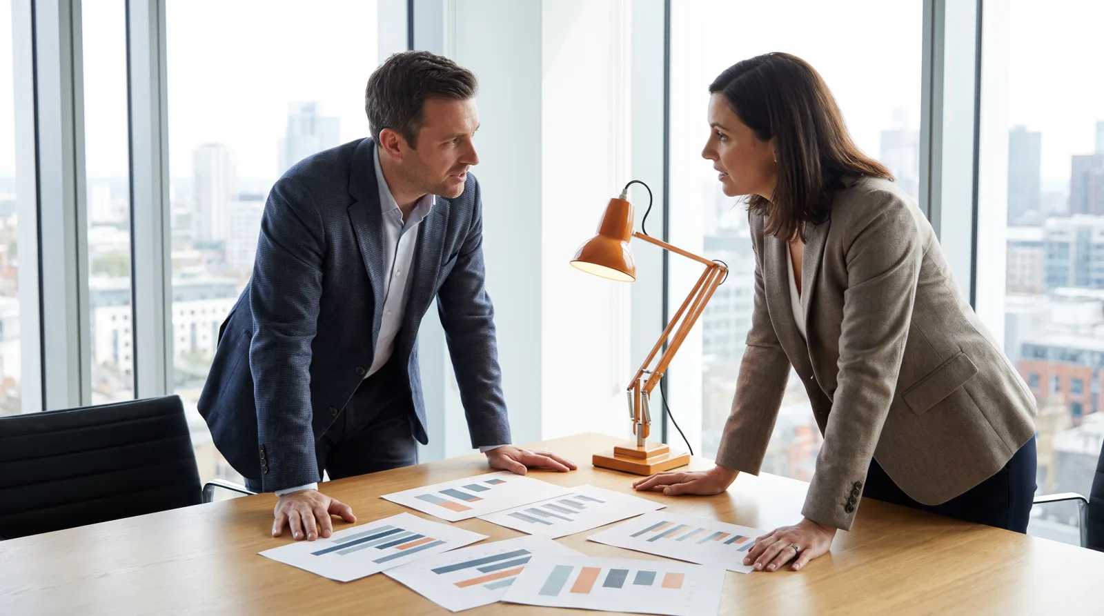 Two professionals reviewing cost comparison charts at a conference table, orange desk lamp nearby
