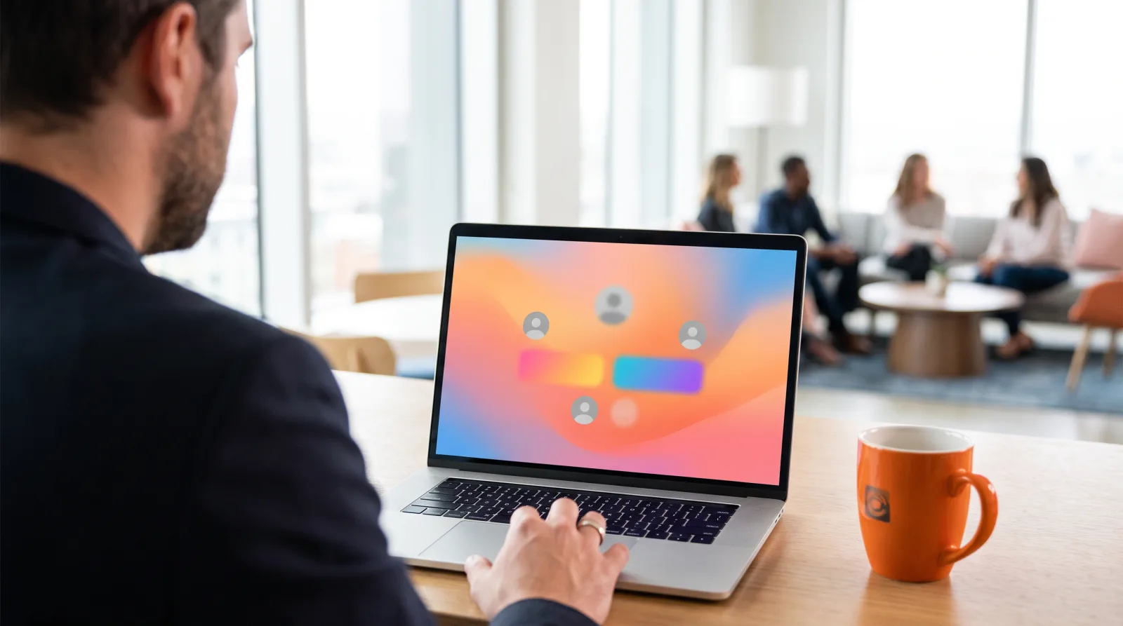 Hiring manager reviewing nearshore iOS developer candidate profiles on a laptop, orange coffee mug on the desk
