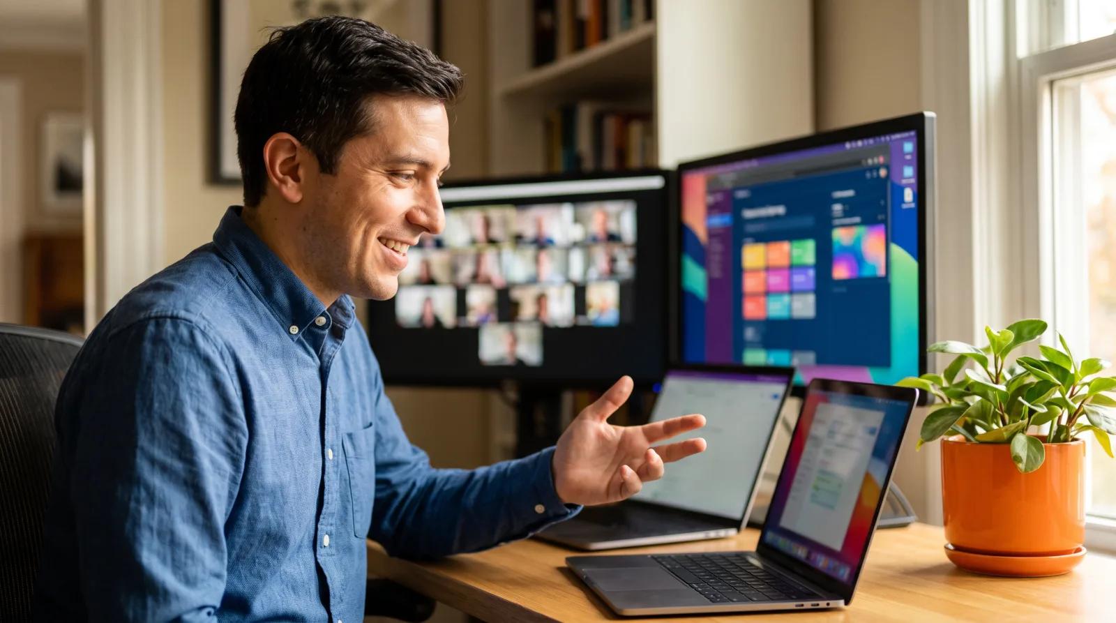 Nearshore iOS developer on a video call at a home office desk with dual monitors, orange plant pot beside the desk