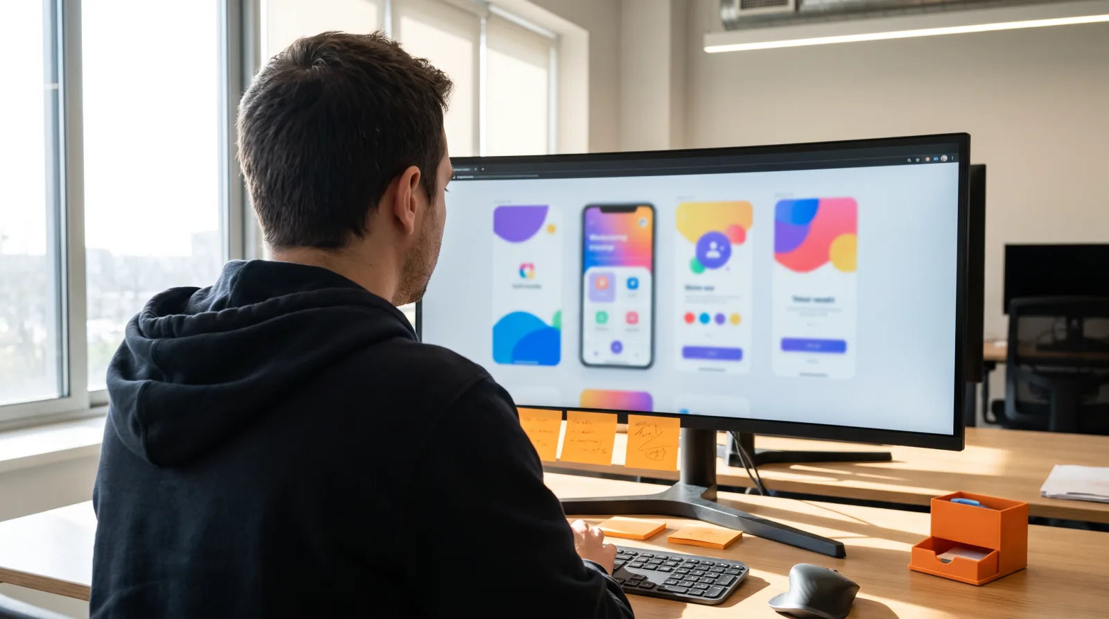 iOS developer reviewing SwiftUI app interface mockups on a large external monitor, orange sticky notes on the desk