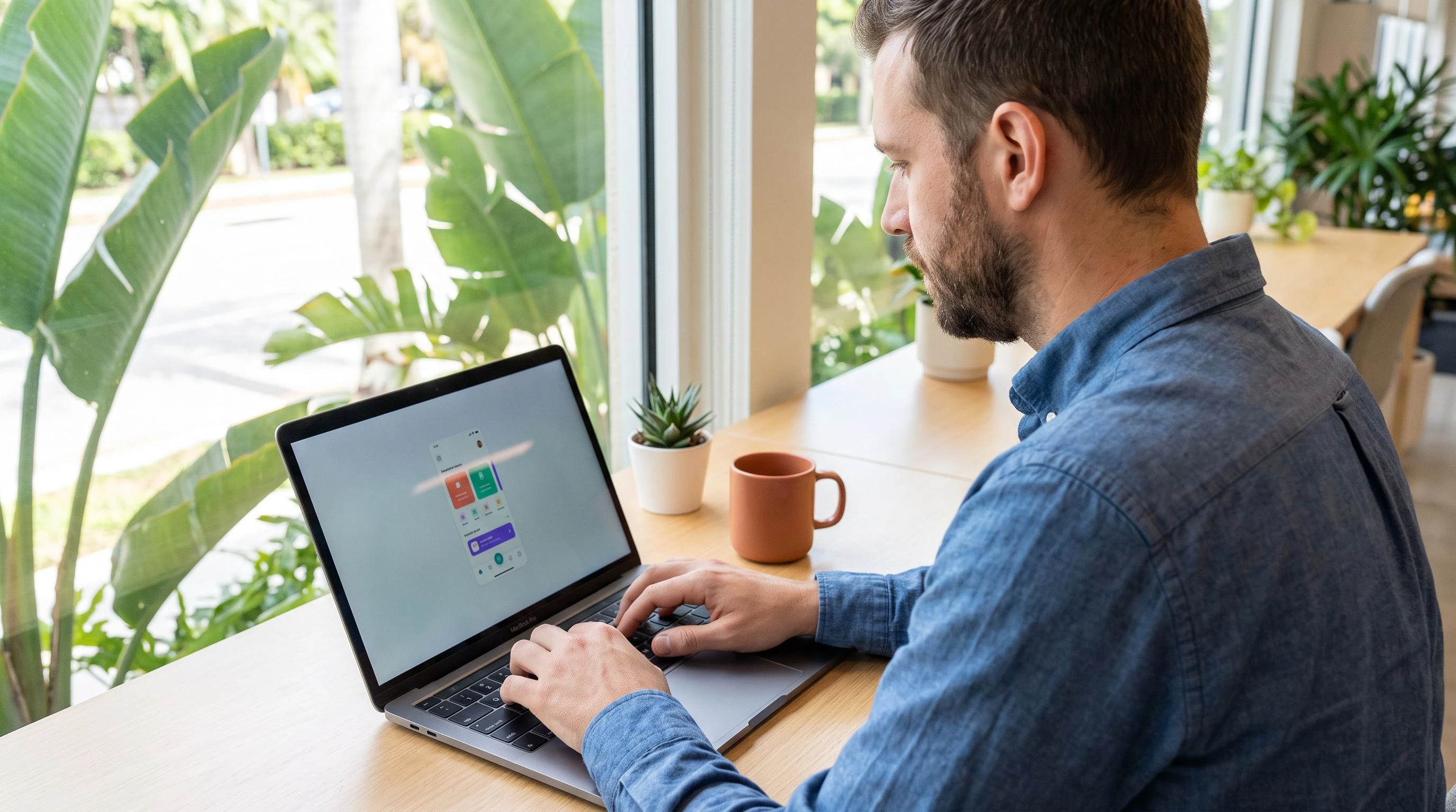 Nearshore iOS developer working over the shoulder on a laptop with a mobile app interface, bright Costa Rica office, orange accent mug on desk