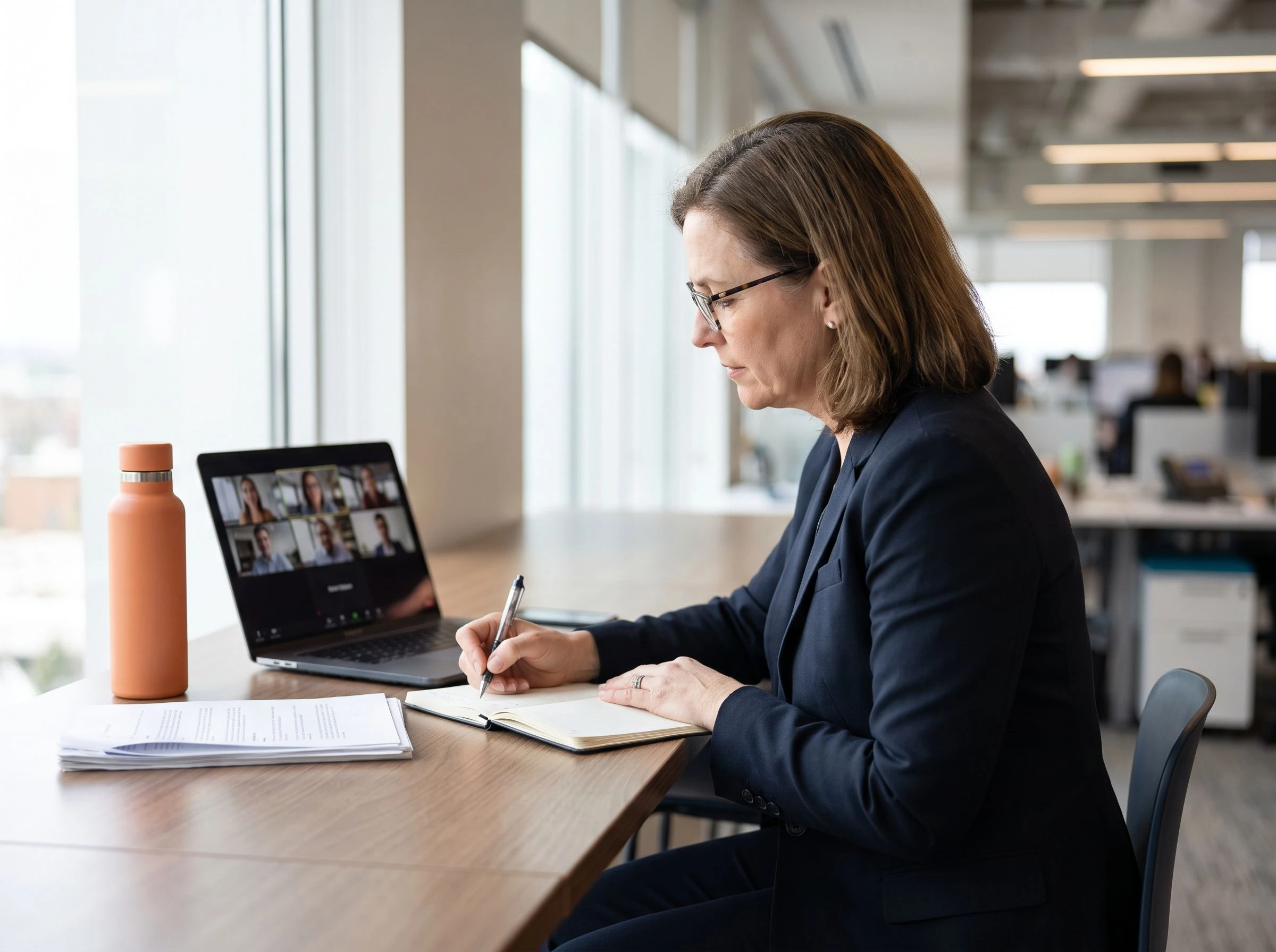 Hiring manager on a video interview call taking notes at an office desk, orange accent water bottle on desk