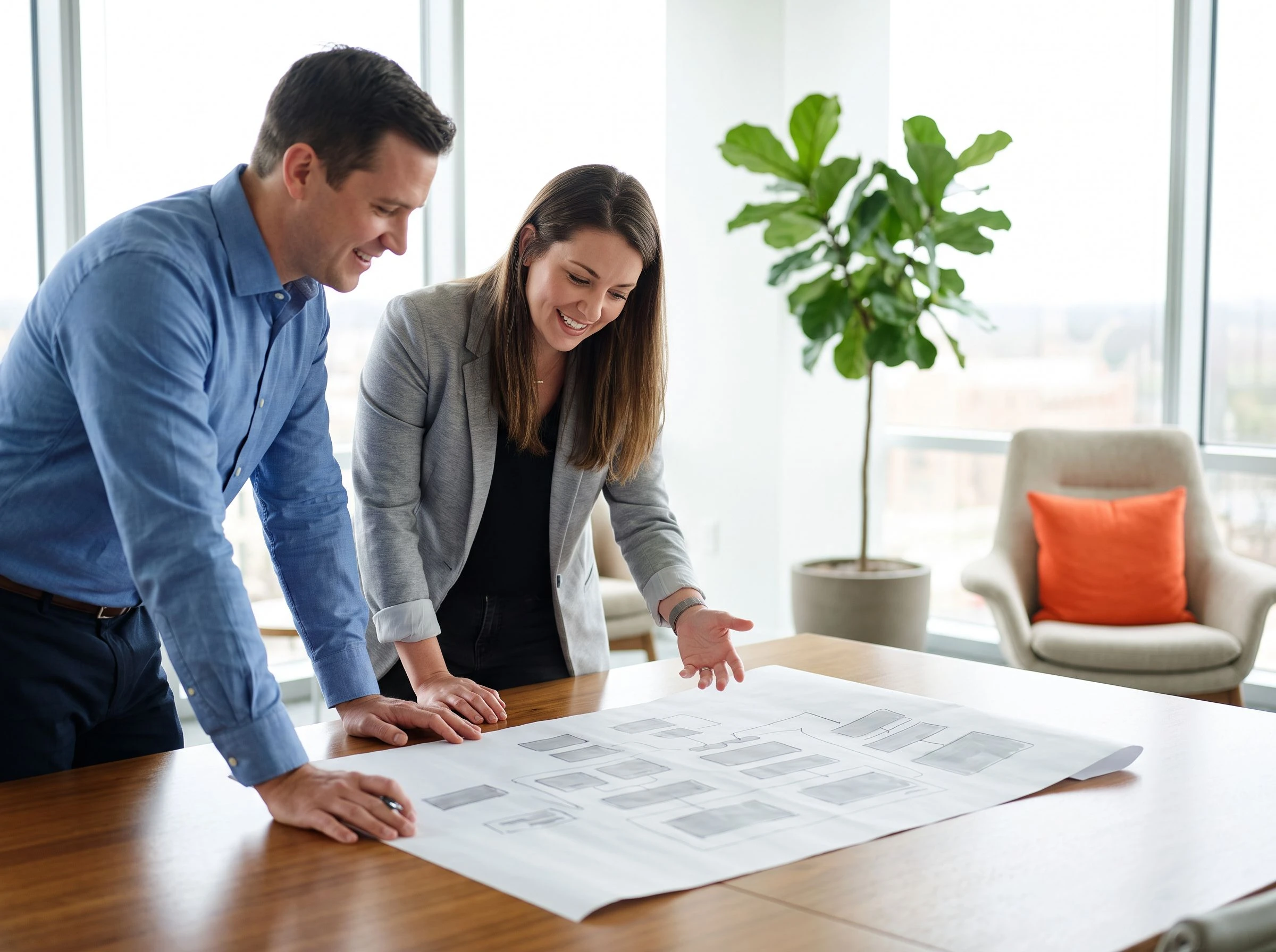 Two nearshore engineering colleagues reviewing a mobile app wireframe together at a conference table, orange accent pillow in background