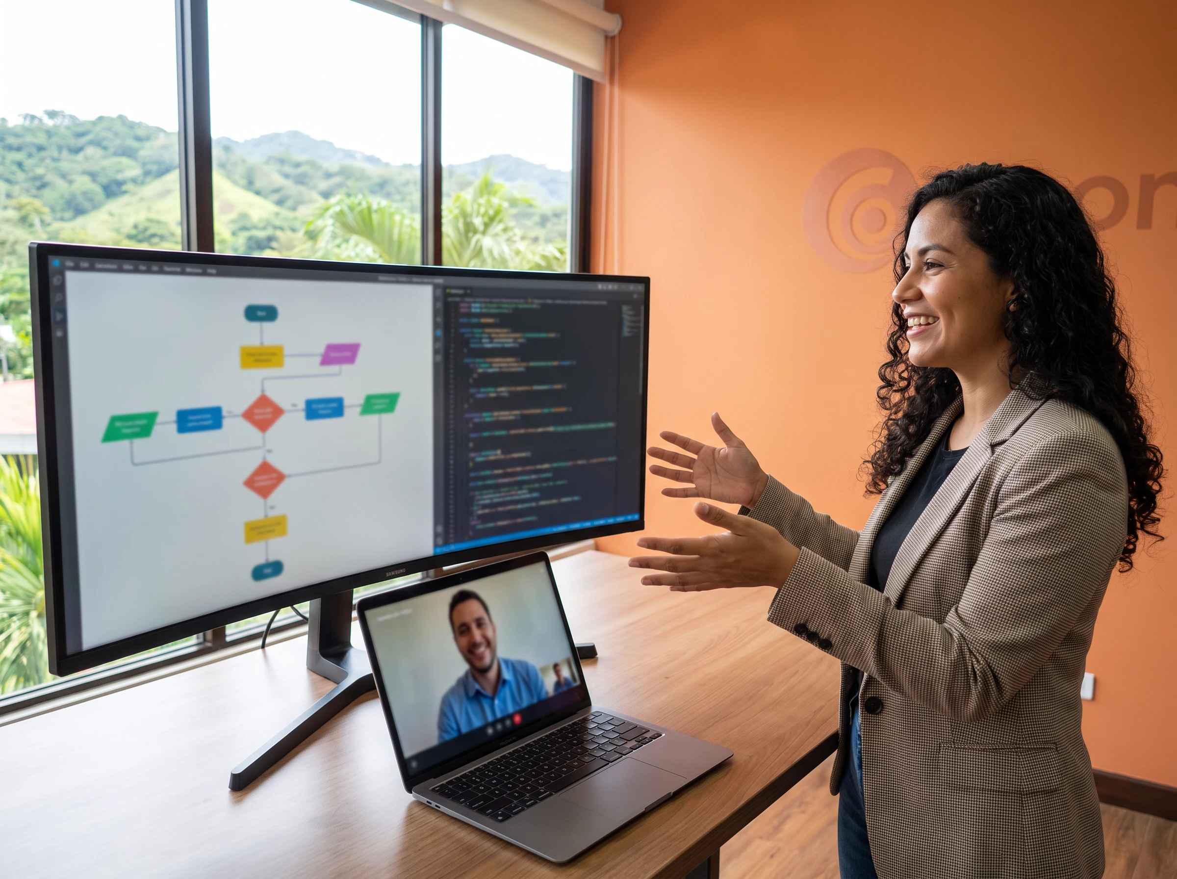 Nearshore Shopify developer reviewing a checkout extensibility flow on a video call with a US client team