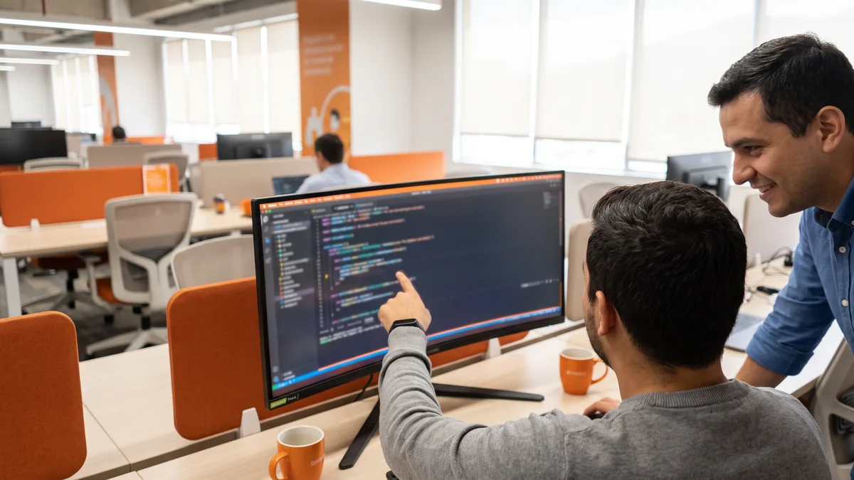 Two professionals conducting a live Liquid code review during a nearshore Shopify developer technical screen