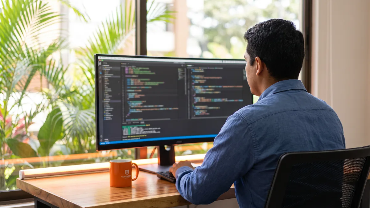Nearshore Shopify developer working on ecommerce theme code on dual monitors in a Costa Rica office