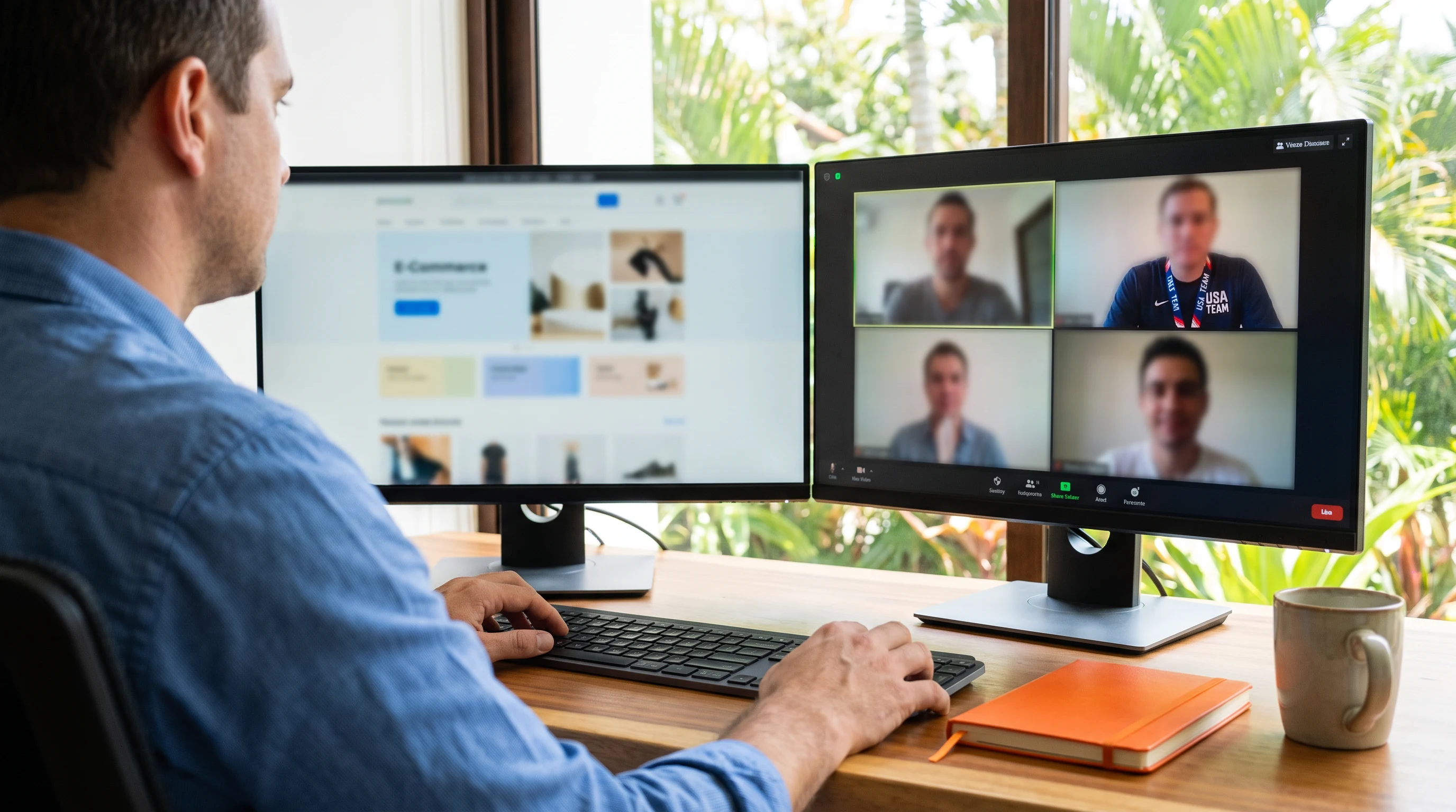 Nearshore Shopify developer from Costa Rica working at a dual-monitor desk on a Shopify theme build with a US team on a video call
