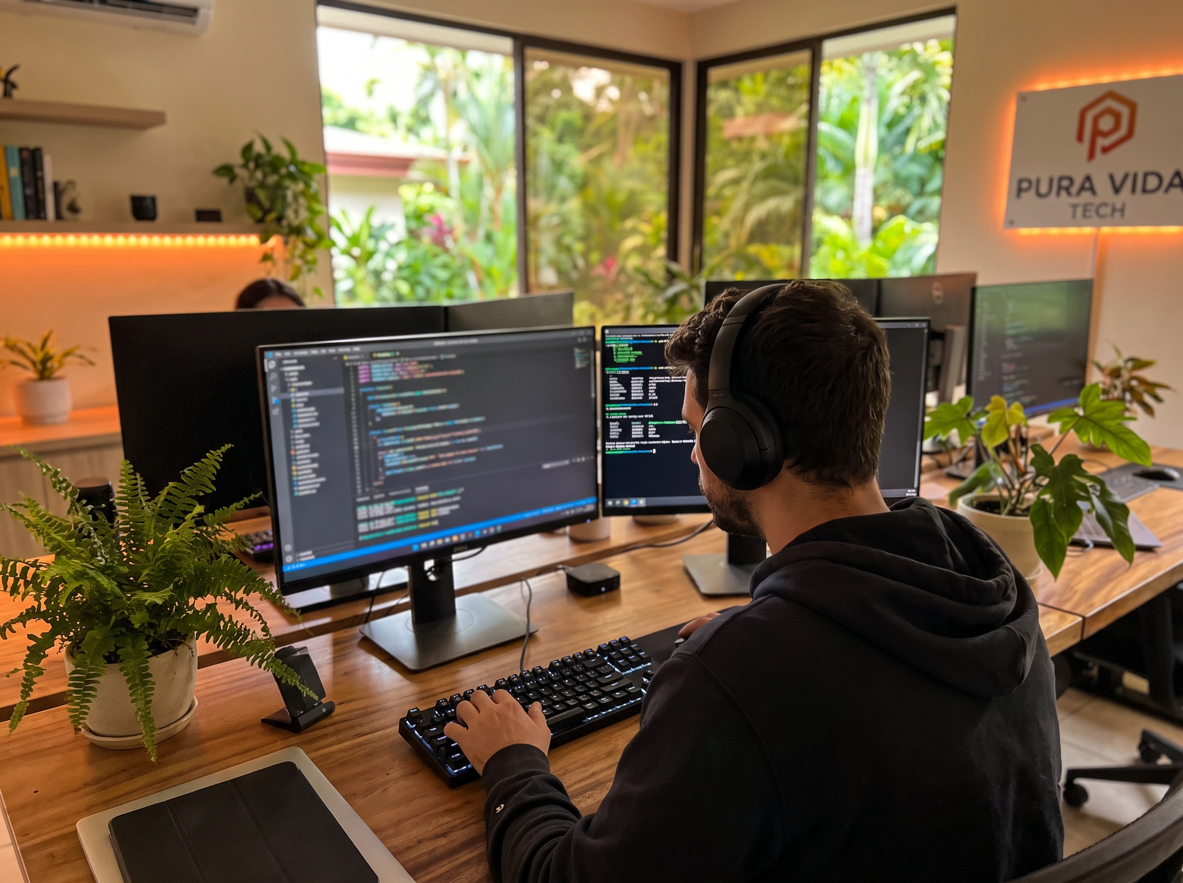 Nearshore Shopify developer coding Liquid theme files across multiple monitors in a Costa Rica office