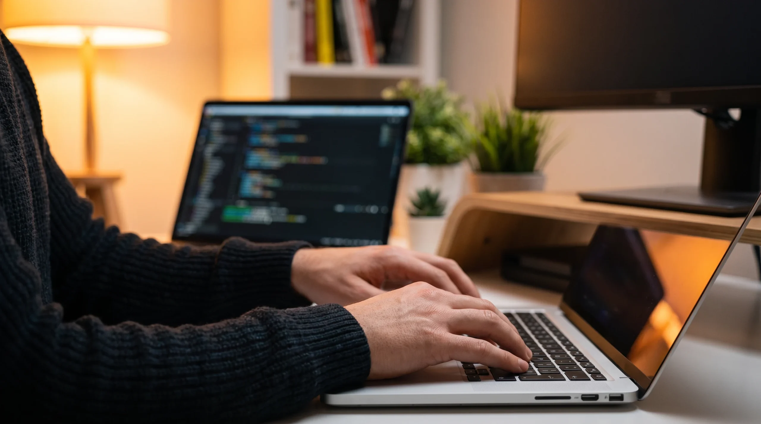 Over-the-shoulder view of a Shopify developer writing Liquid theme code on a laptop in a warm-lit home office