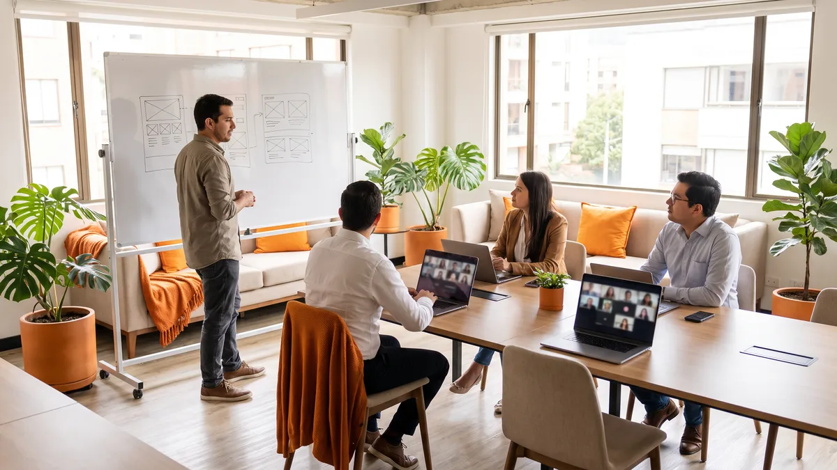 Nearshore Shopify developer team on a sprint onboarding standup in a Latin America office