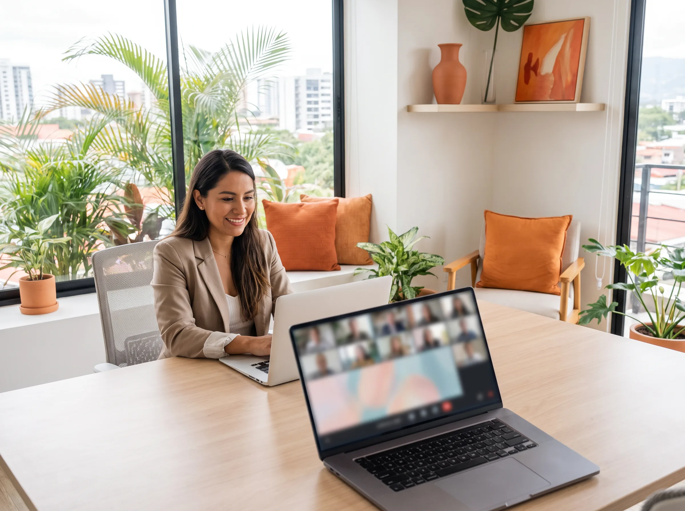 Nearshore Shopify developer in Costa Rica on a video call with a US client team showing full timezone overlap