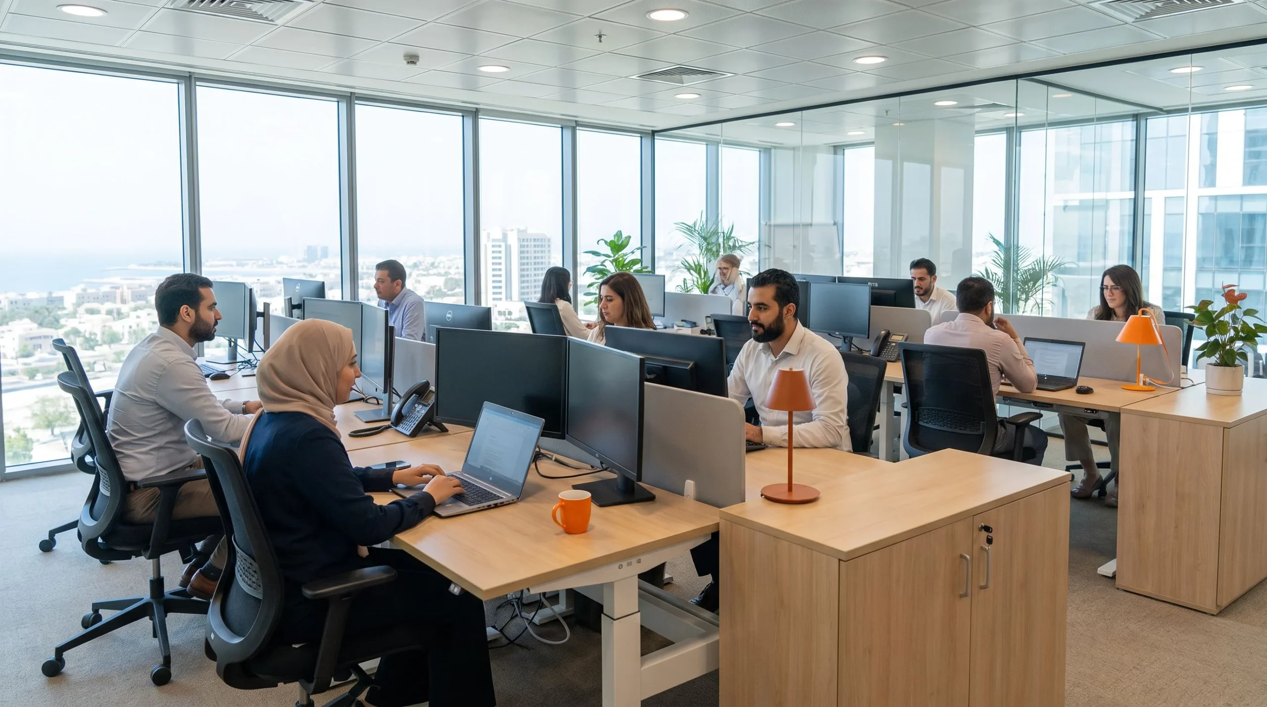 HR manager reviewing offshore accountant interview questions, orange folder on desk, professional office