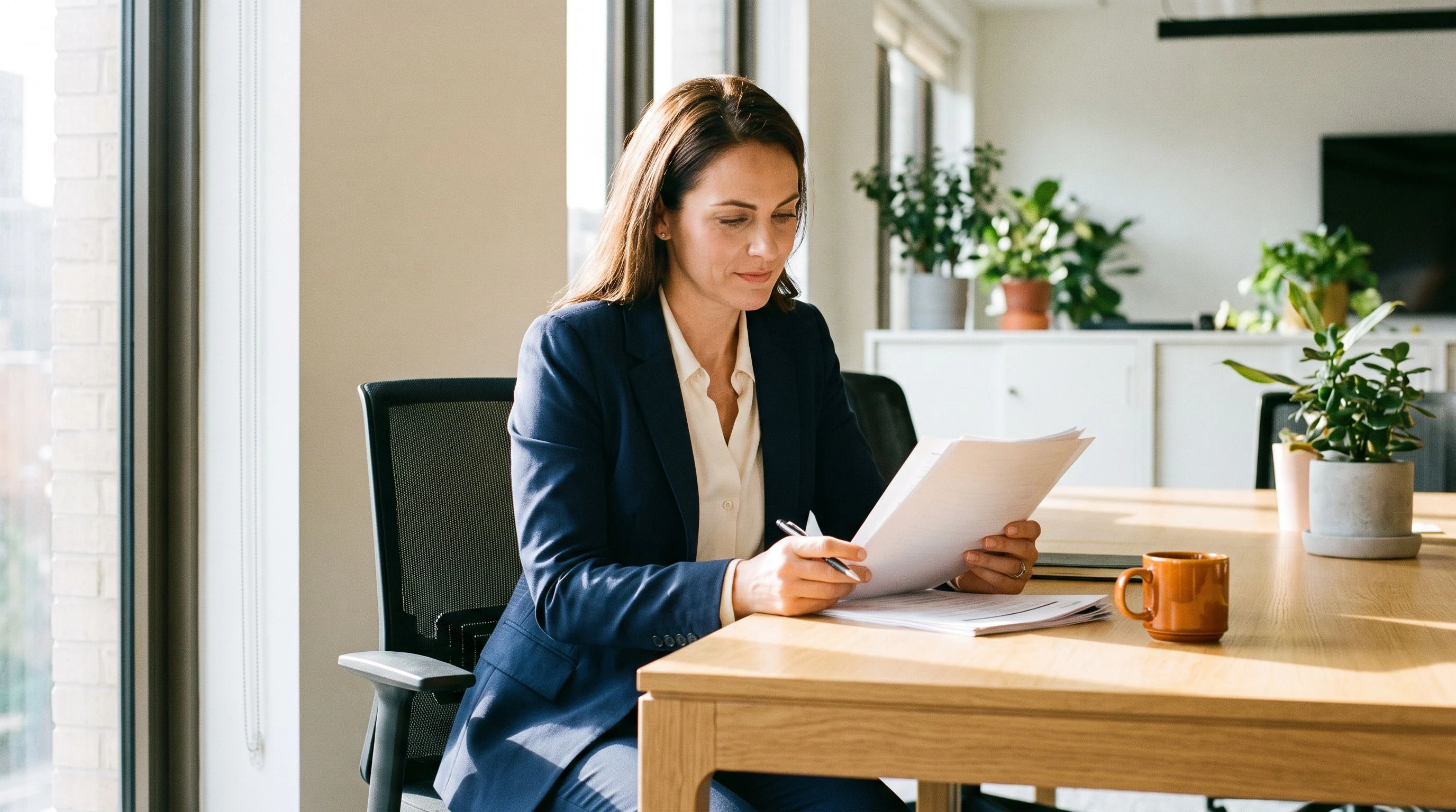 Offshore payroll specialist reviewing payroll reports at a desk, focused expression, professional office setting