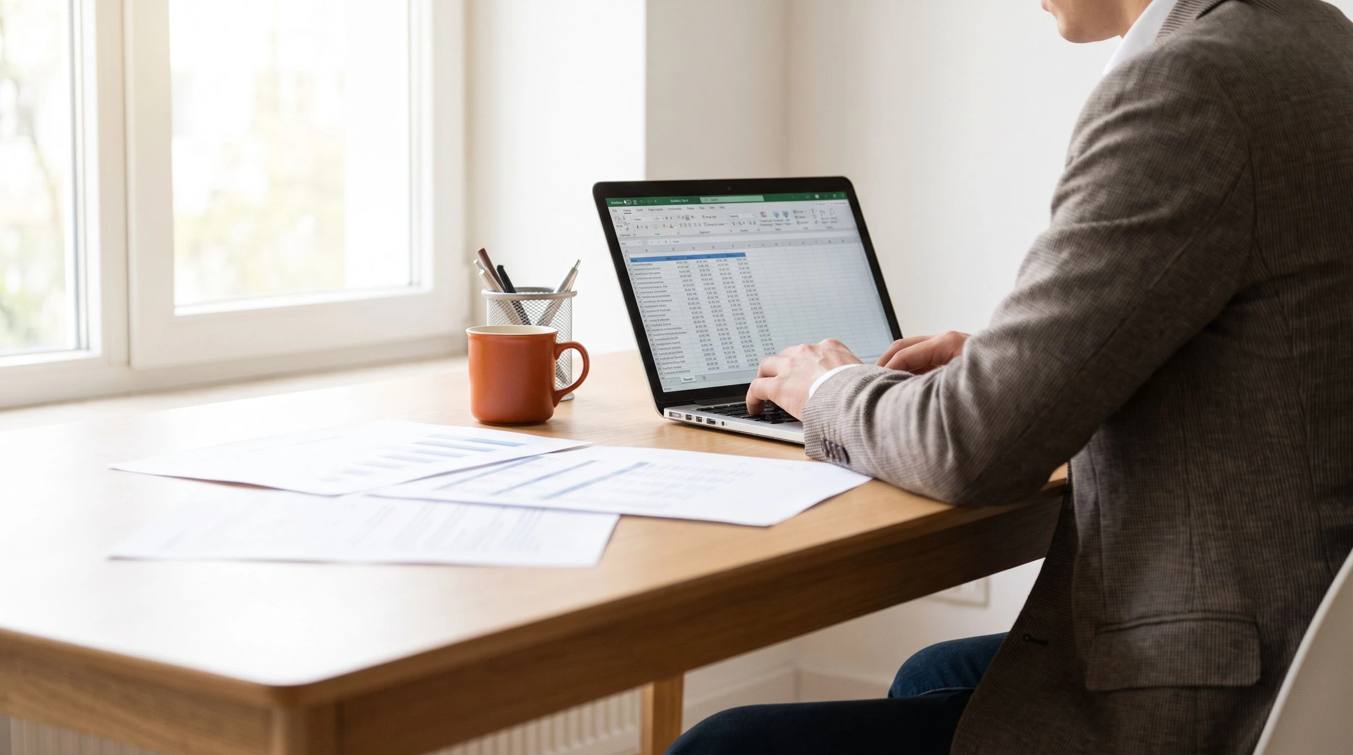 Offshore payroll team member working on payroll reconciliation with printed reports on desk, professional office, orange accent mug visible