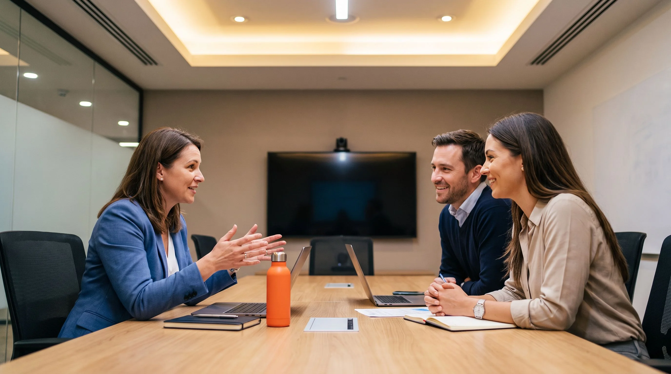Team lead reviewing job description drafts with hiring manager in a modern conference room