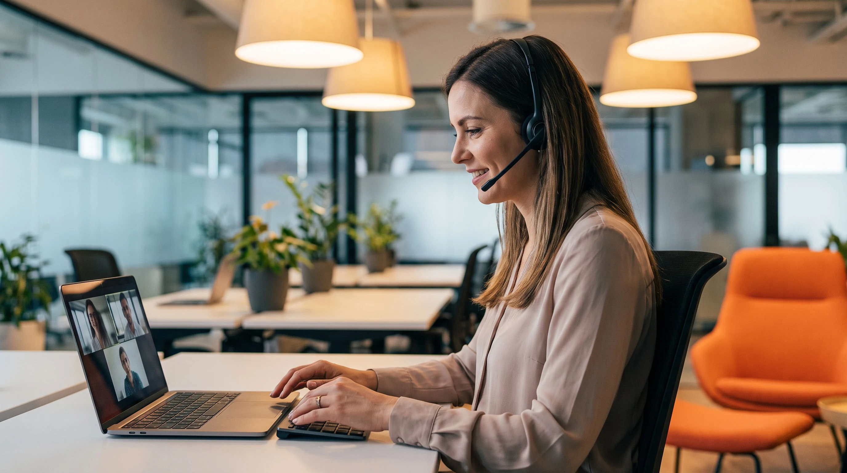 Offshore recruiter conducting a video interview on a laptop in a professional BPO workspace