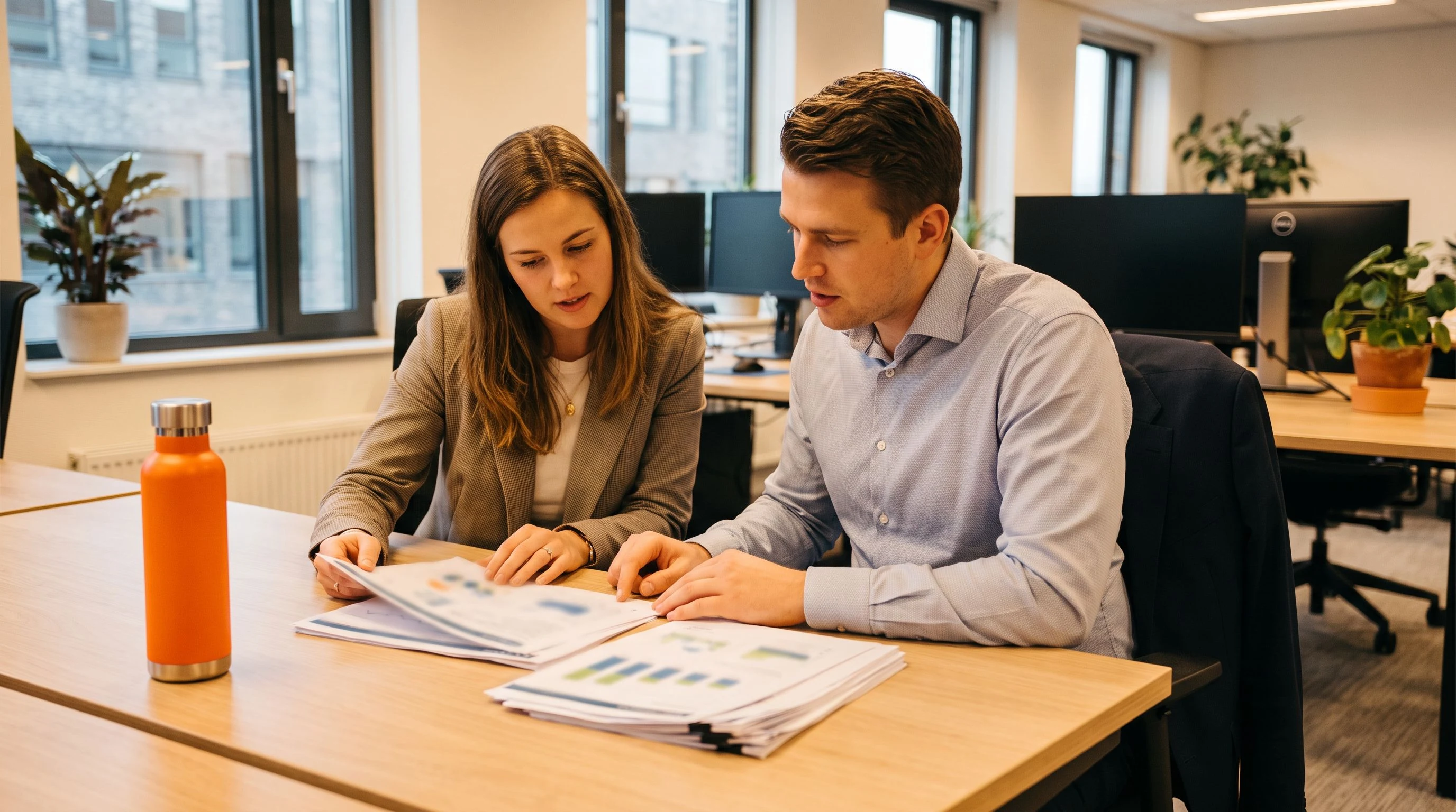 Finance manager and HR professional reviewing printed staffing cost comparison documents at a modern office desk