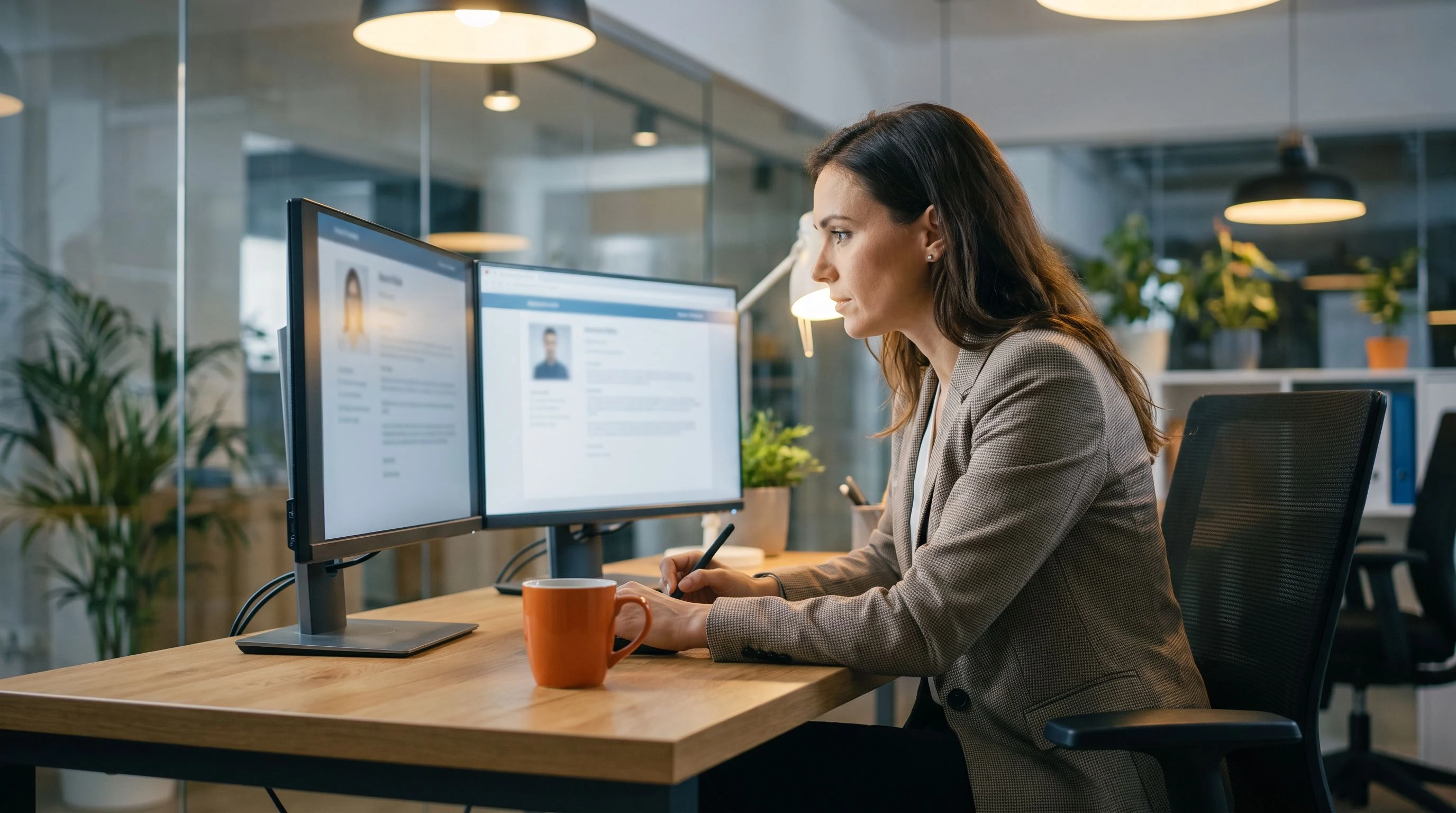Talent acquisition manager reviewing candidate profiles on dual monitors at a modern corporate workspace