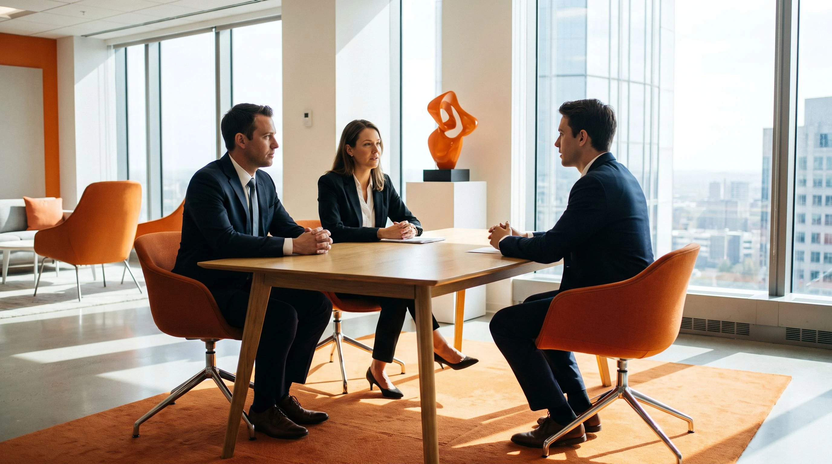 Two HR professionals conducting a structured video interview with an offshore candidate on a large monitor in a modern office
