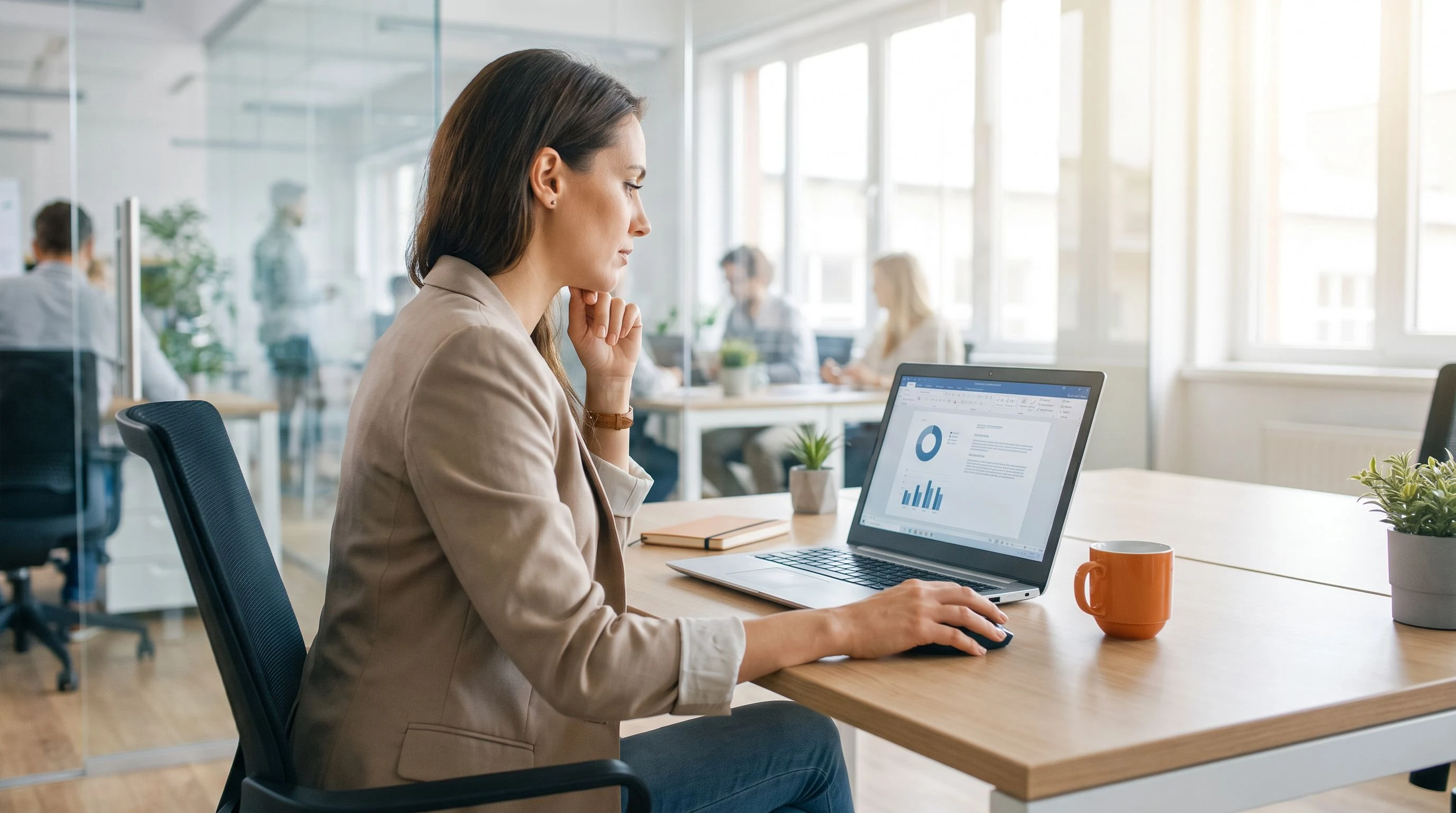 Talent acquisition professional reviewing structured scorecards and candidate evaluation forms at a clean modern desk