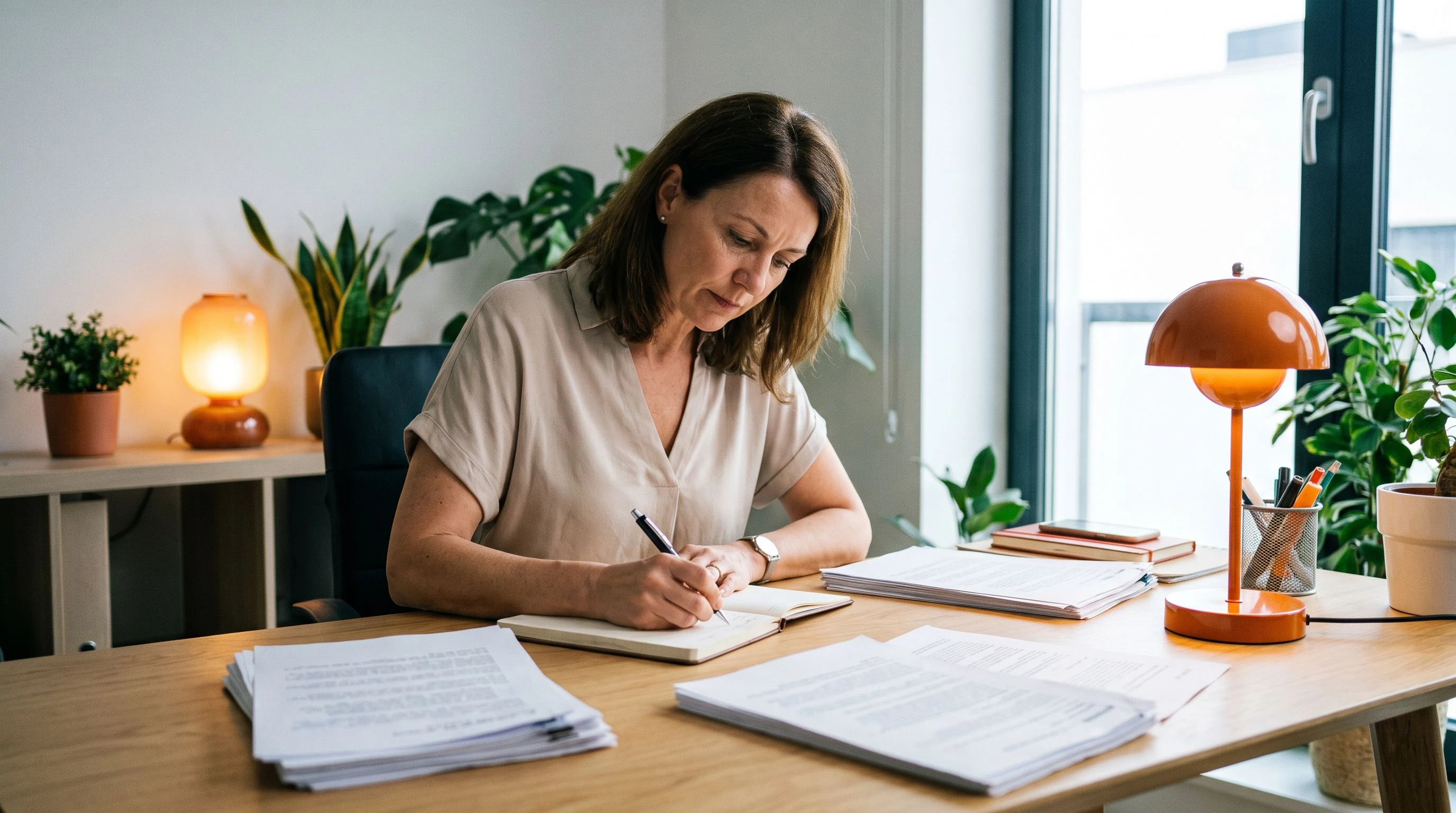 HR professional drafting a job description on a laptop at a bright modern office workspace