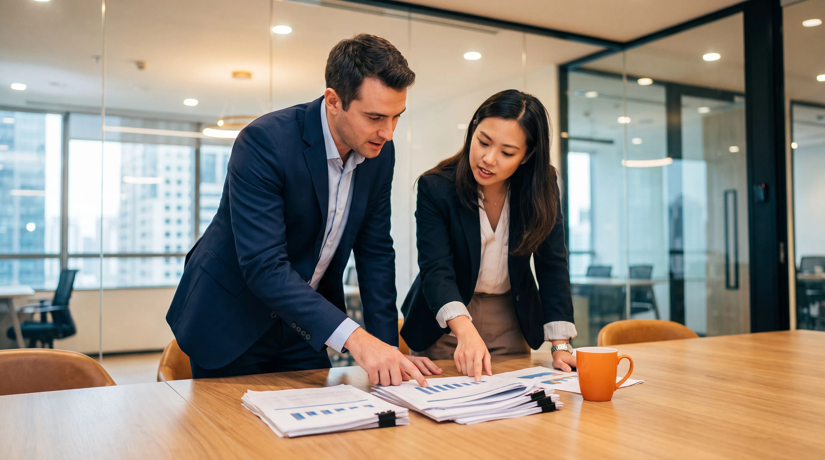 Business professionals reviewing offshore team compensation data and salary benchmarks at a conference table