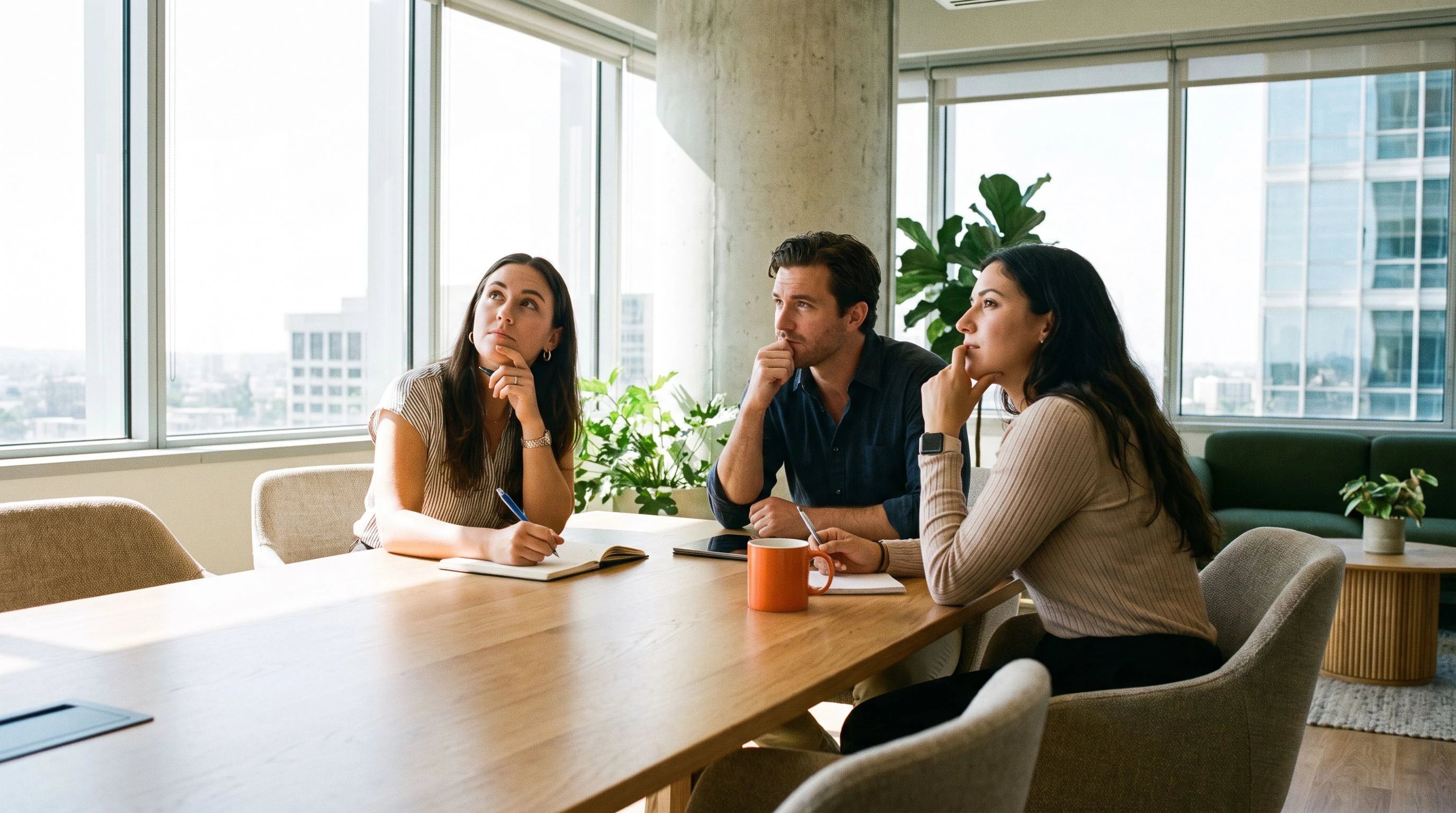 Three hiring professionals evaluating payroll candidate responses in a conference room with an orange coffee mug