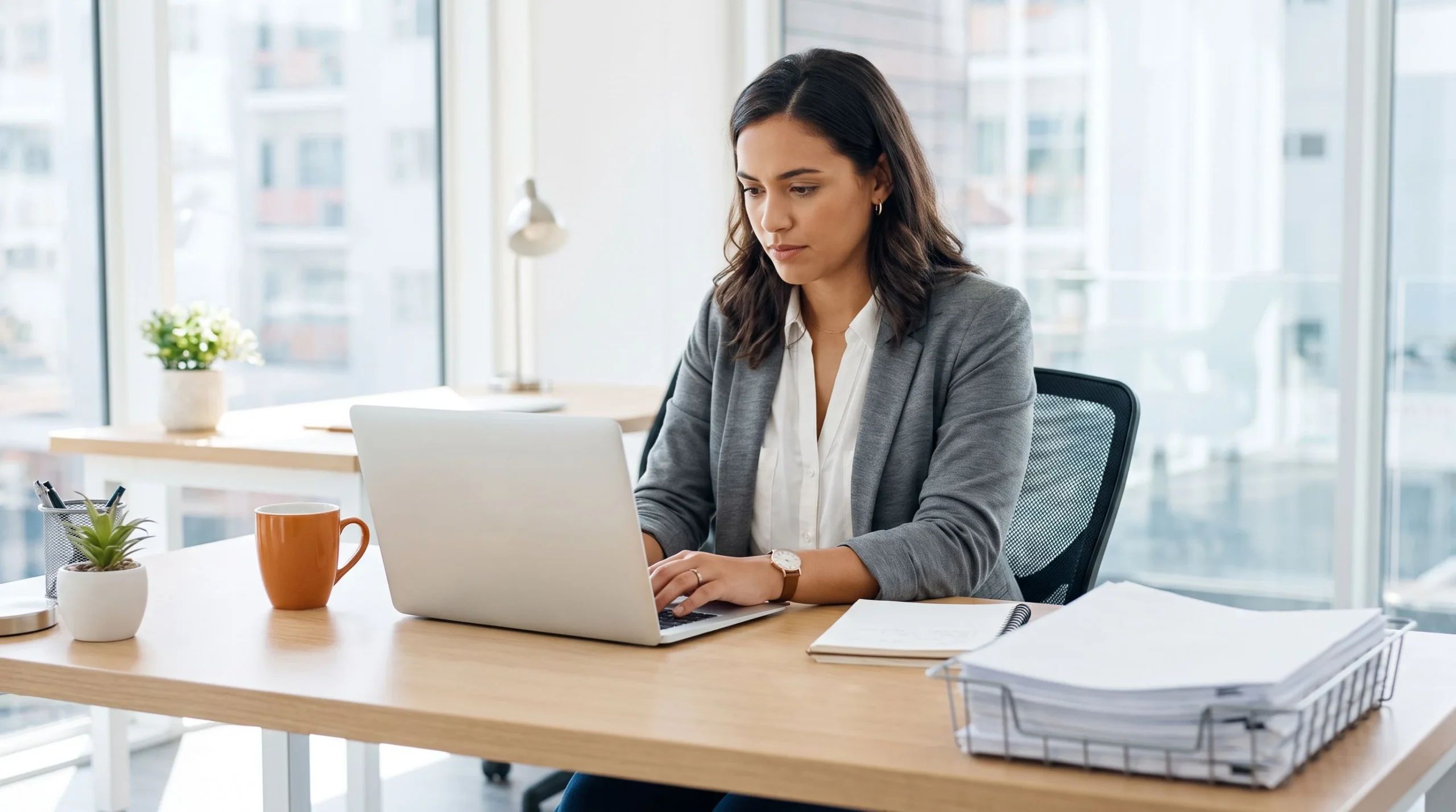 HR professional typing a payroll specialist job description on a laptop at a bright office desk with an orange coffee mug