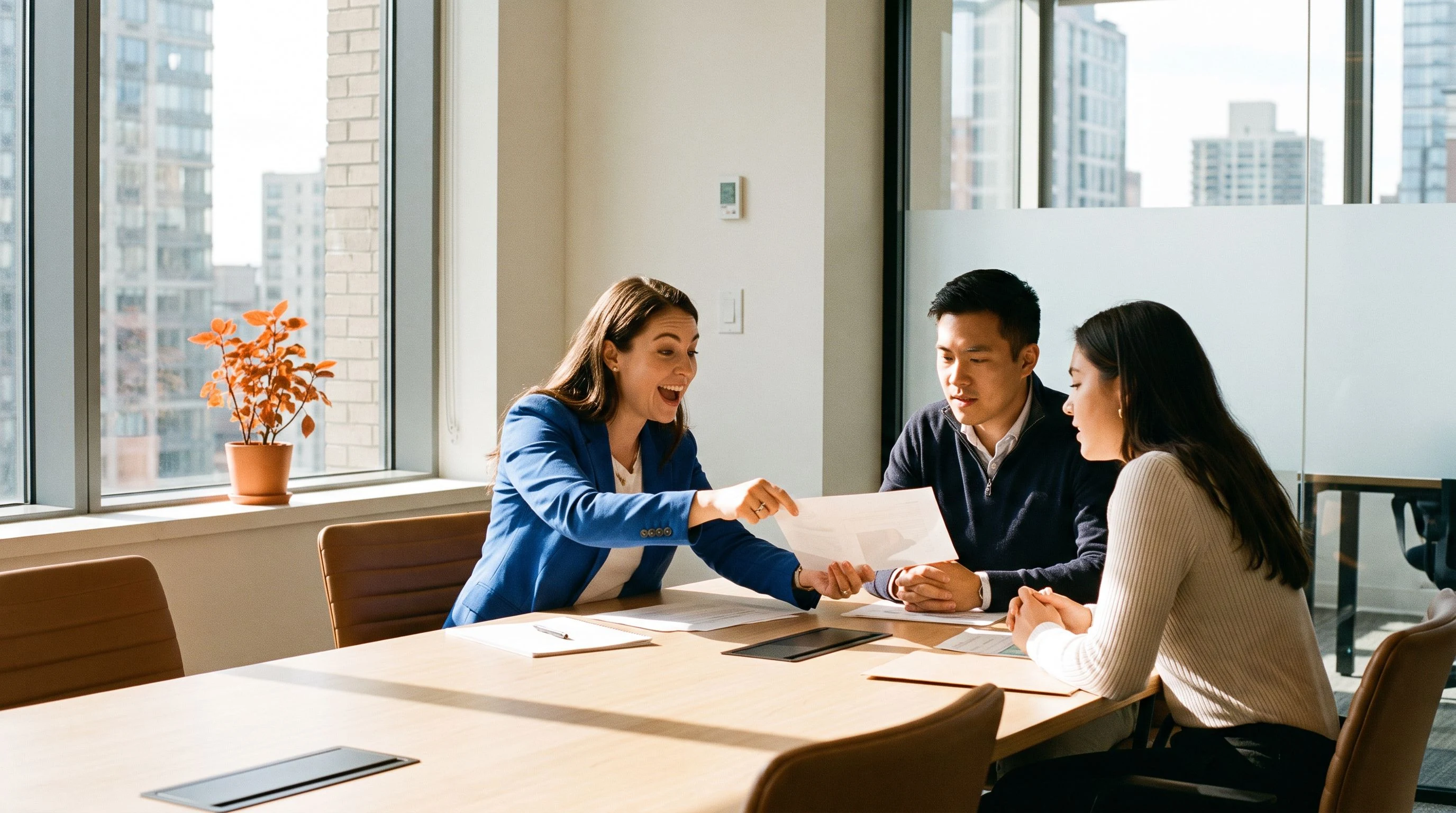 Three colleagues reviewing a payroll job requirements document in a modern conference room