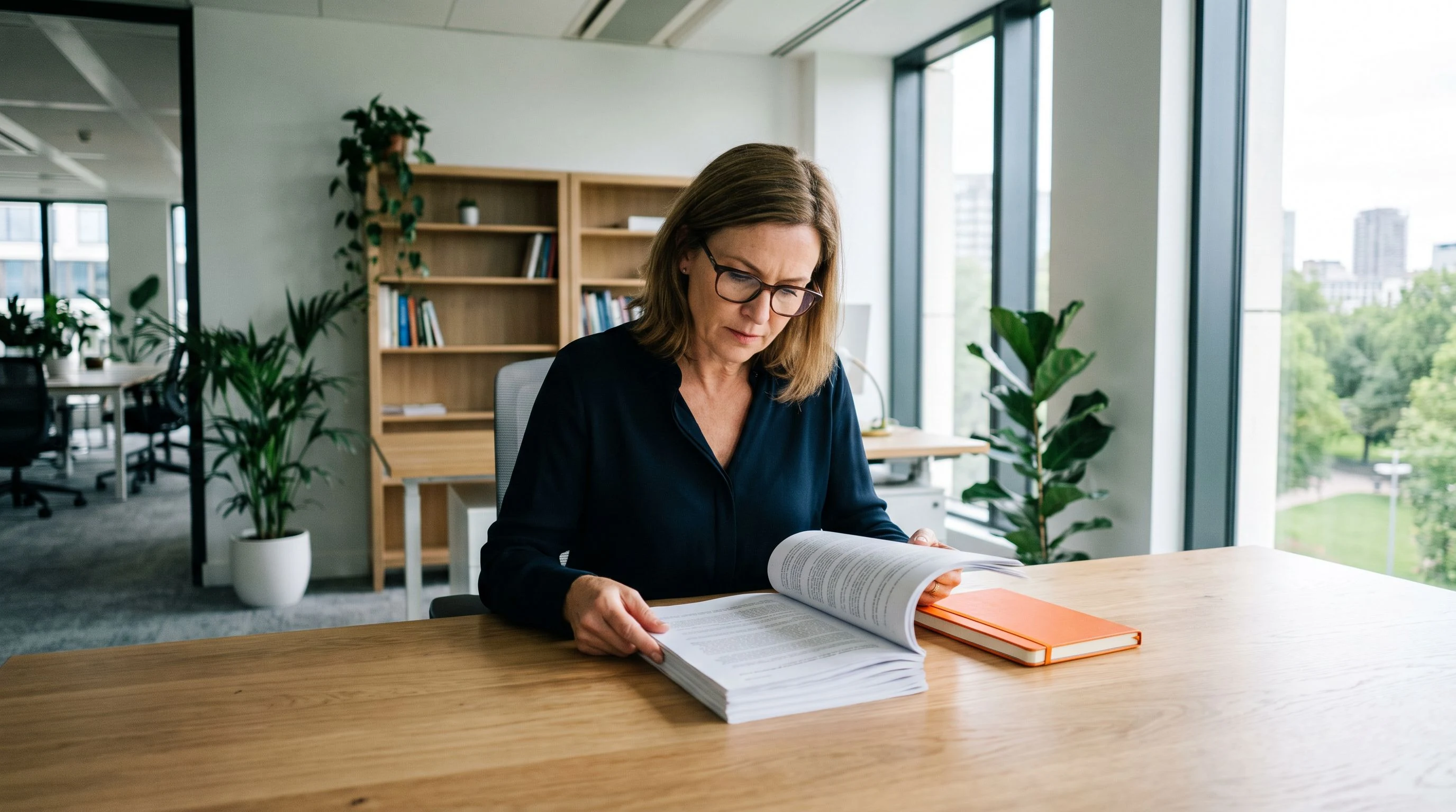 HR manager reading through payroll specialist requirements at a clean office desk with an orange notebook