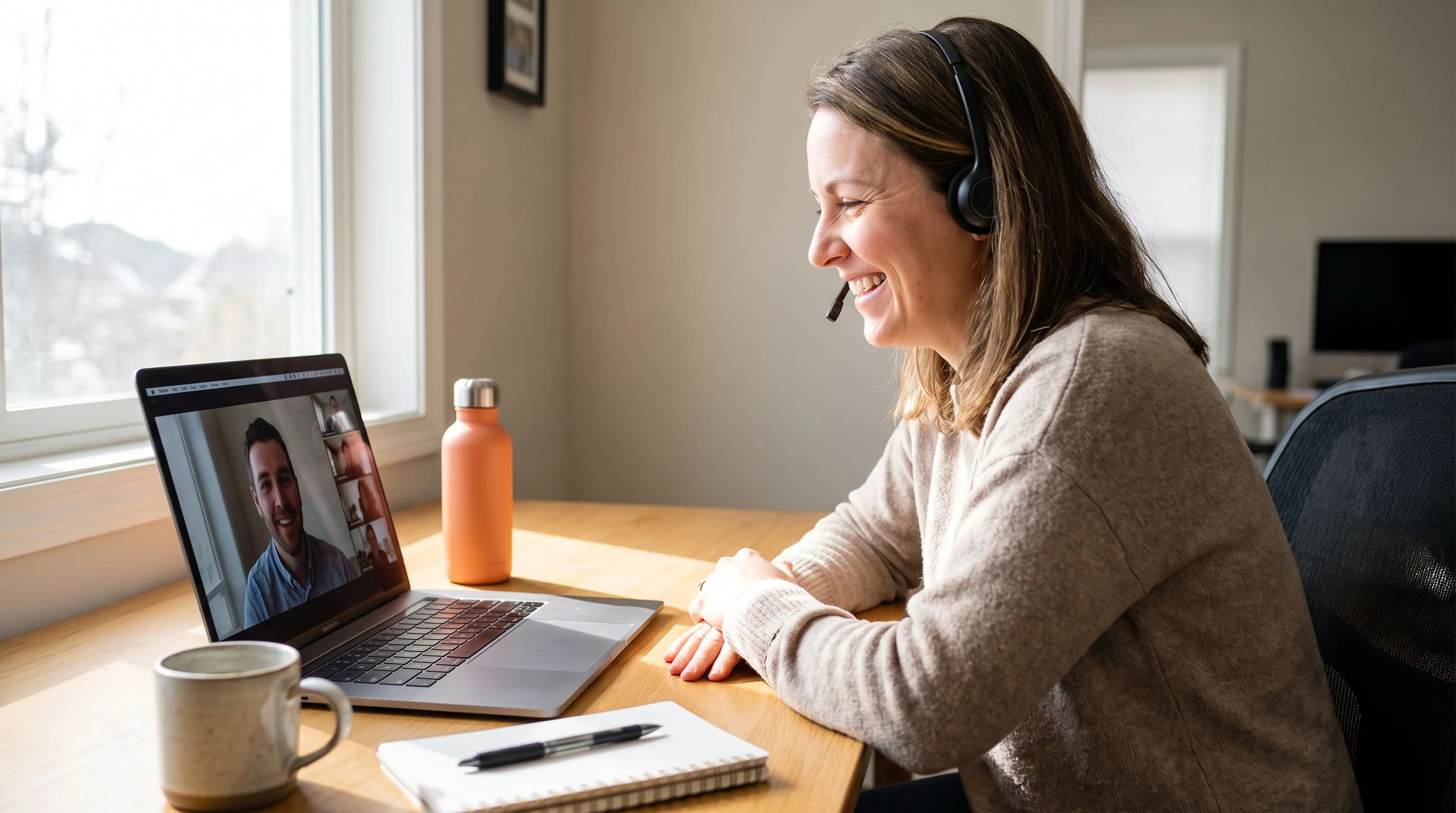 Professional on a video call interview for a payroll specialist role, warm home office setting with an orange water bottle