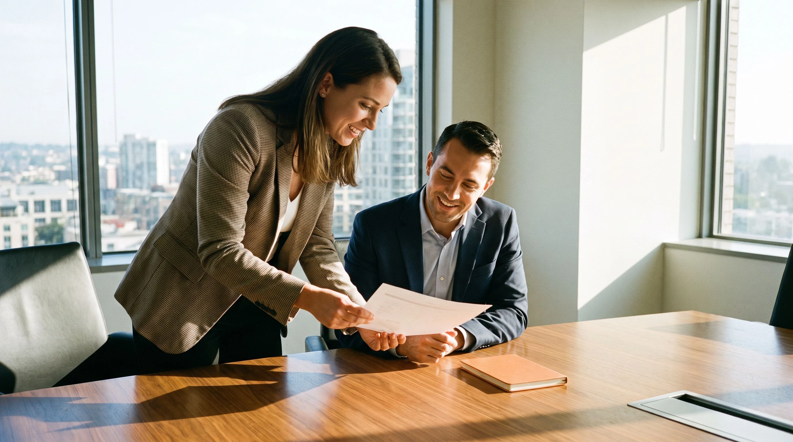 Two business professionals reviewing offshore payroll compensation data together at a conference table