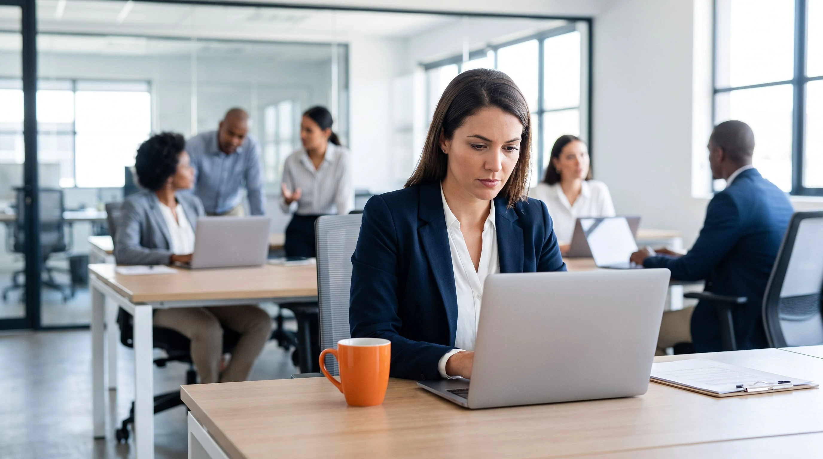 Offshore payroll team working focused in a modern open-plan office with orange coffee mugs, colleagues visible in background