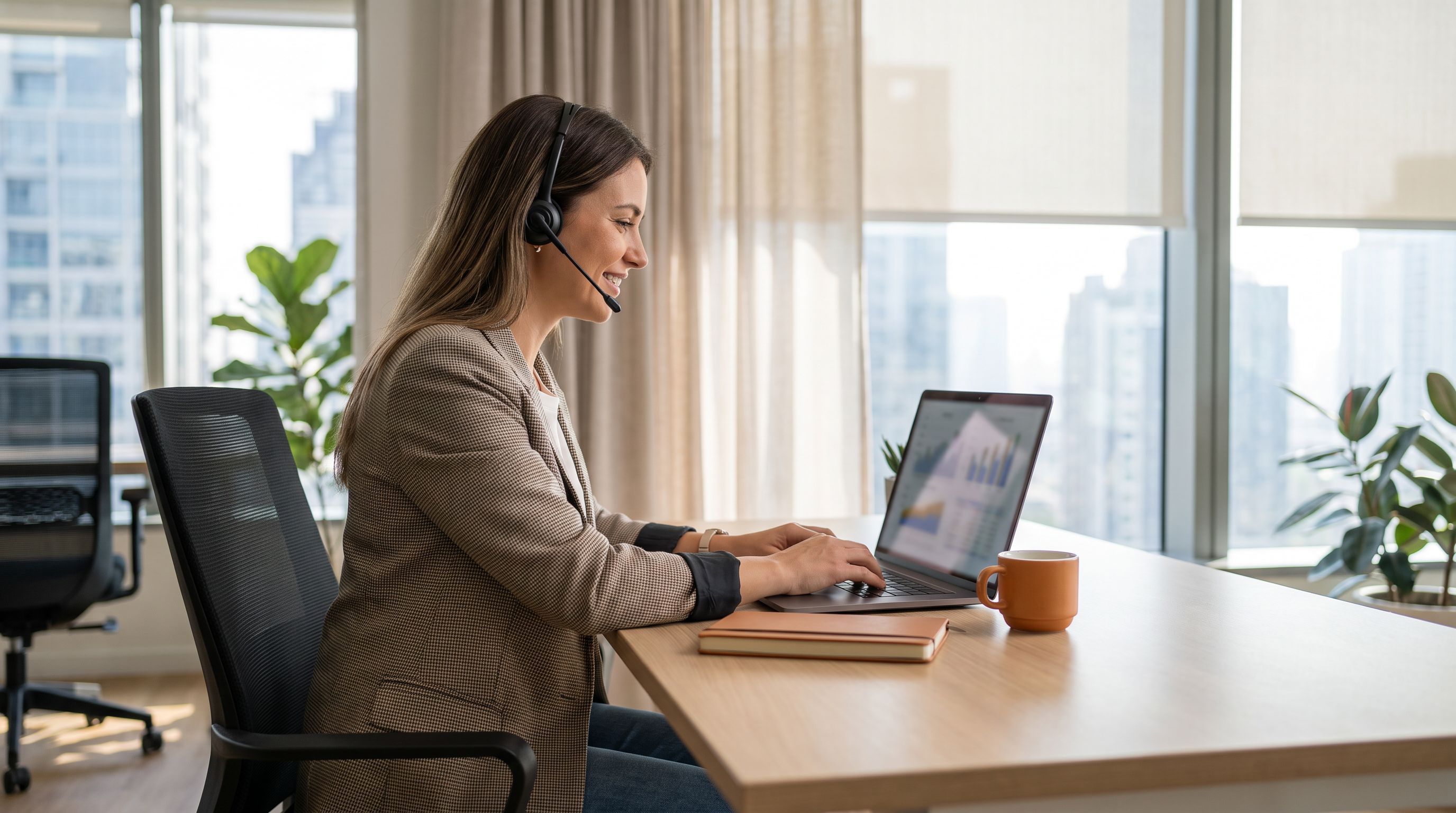 Professional offshore bookkeeper at a clean desk reviewing financial records, orange coffee mug beside the monitor