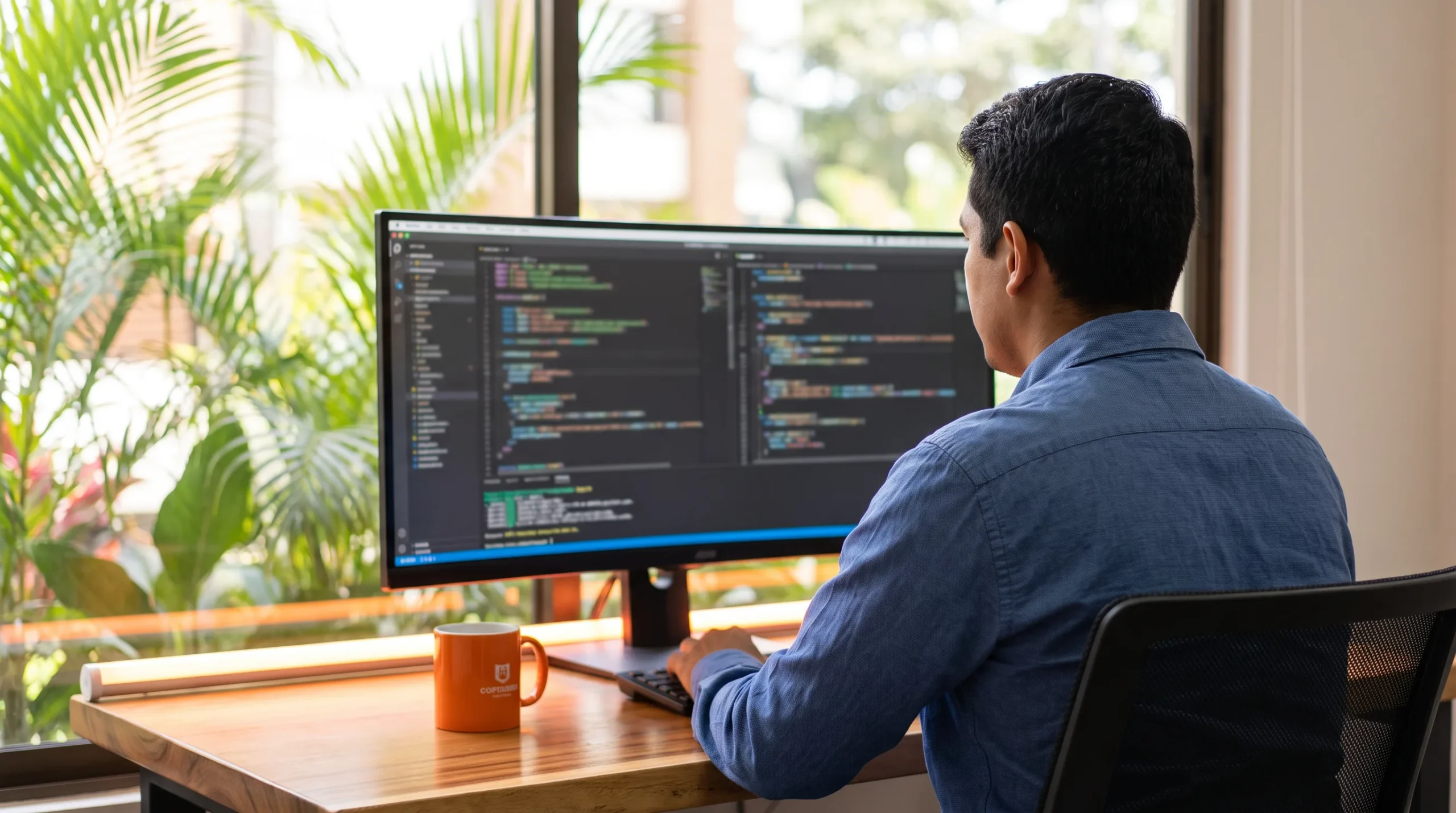 Nearshore Shopify developer from Costa Rica writing Shopify Liquid theme code on a widescreen monitor