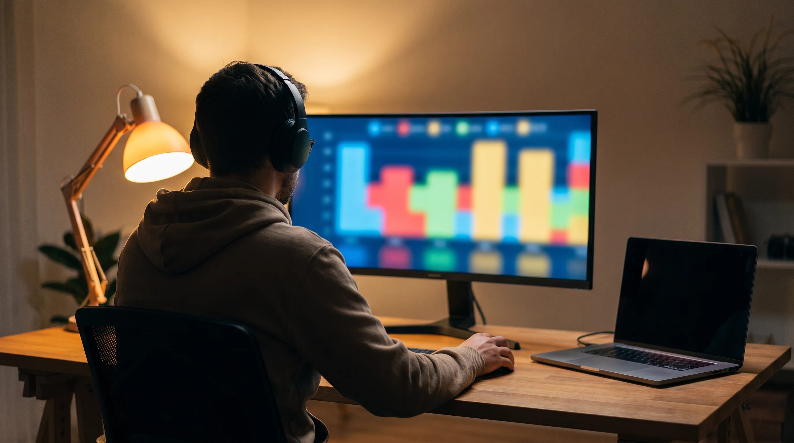 Shopify developer reviewing an ecommerce analytics dashboard on a large monitor while working on Admin API integrations