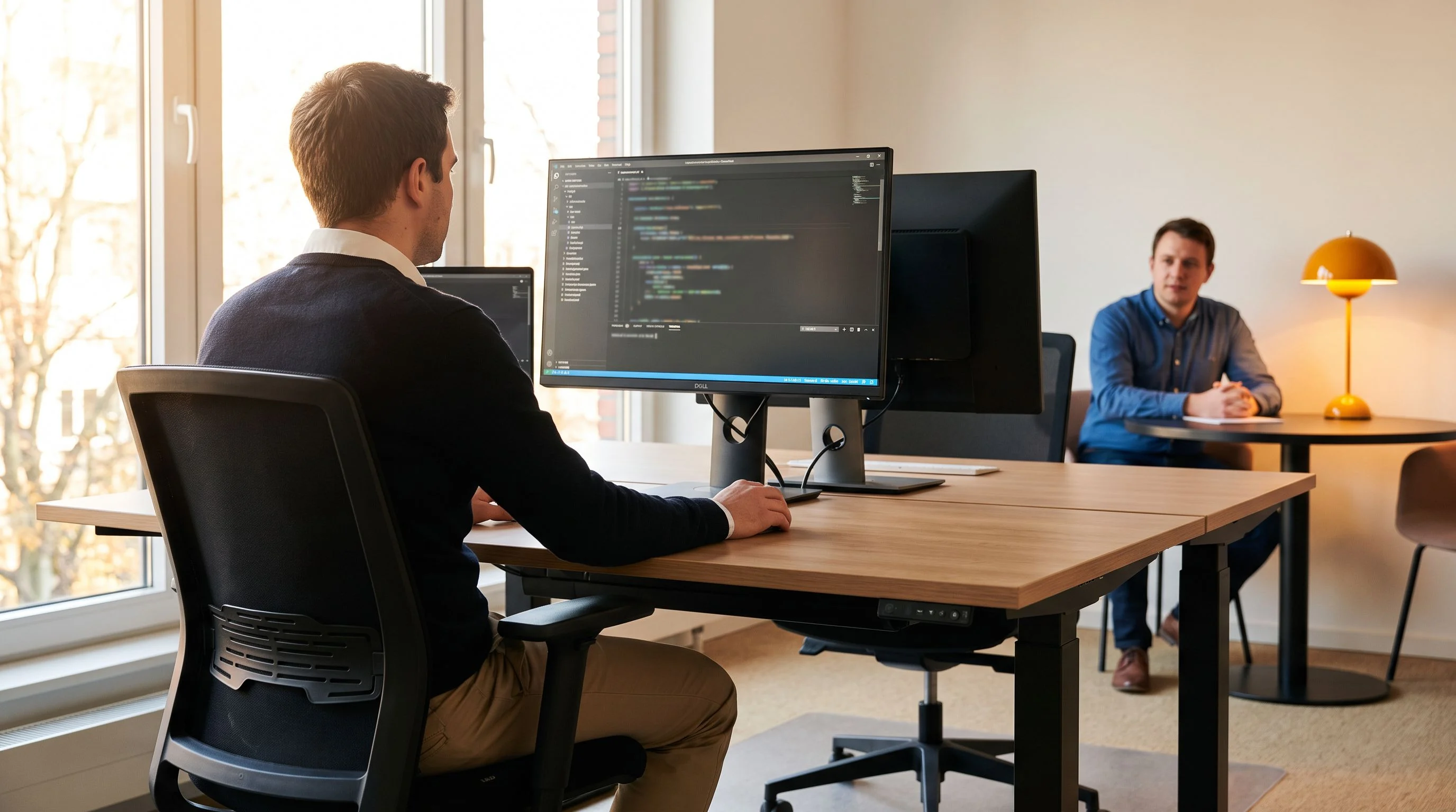 Shopify developer reviewing Liquid theme code over a colleague's shoulder during a technical interview