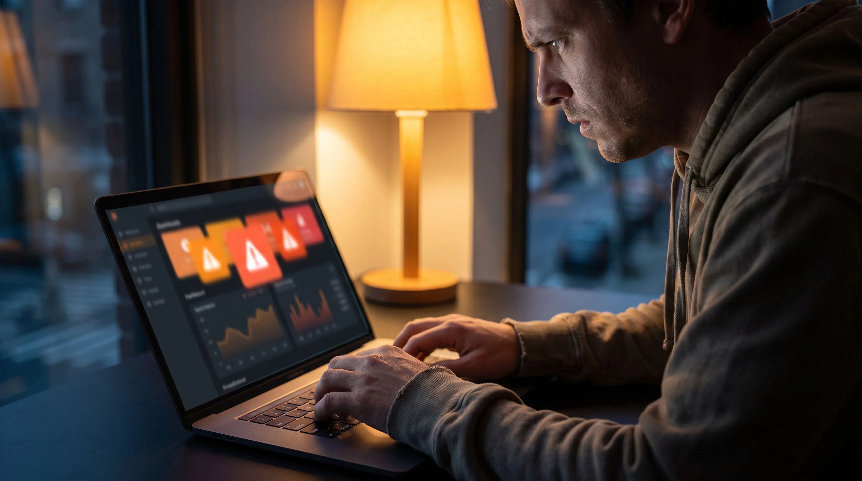Shopify developer troubleshooting a live storefront incident on a laptop during an evening on-call shift