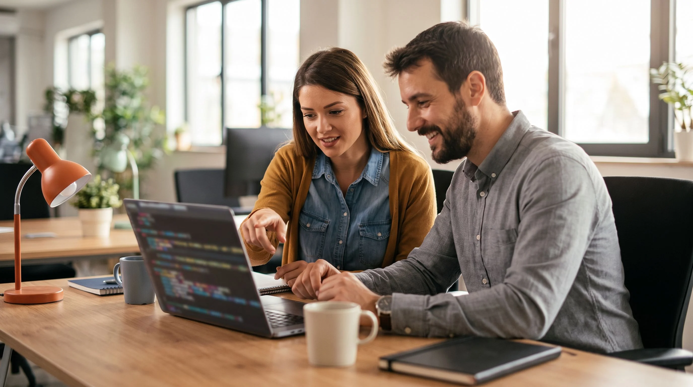 Two developers reviewing a Shopify theme section schema together on a laptop during a code walkthrough