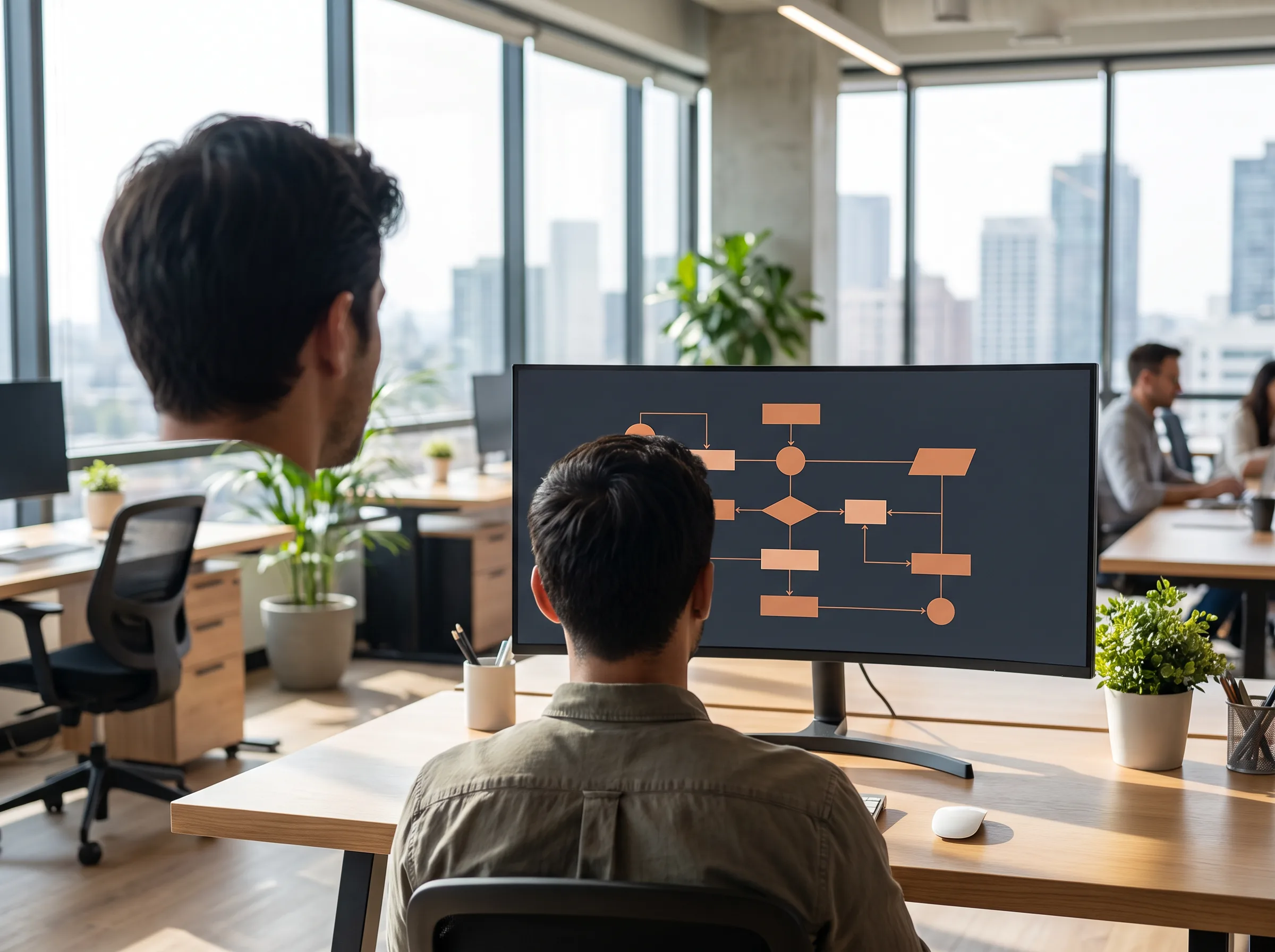 Shopify developer reviewing a headless commerce Hydrogen architecture diagram on a large monitor