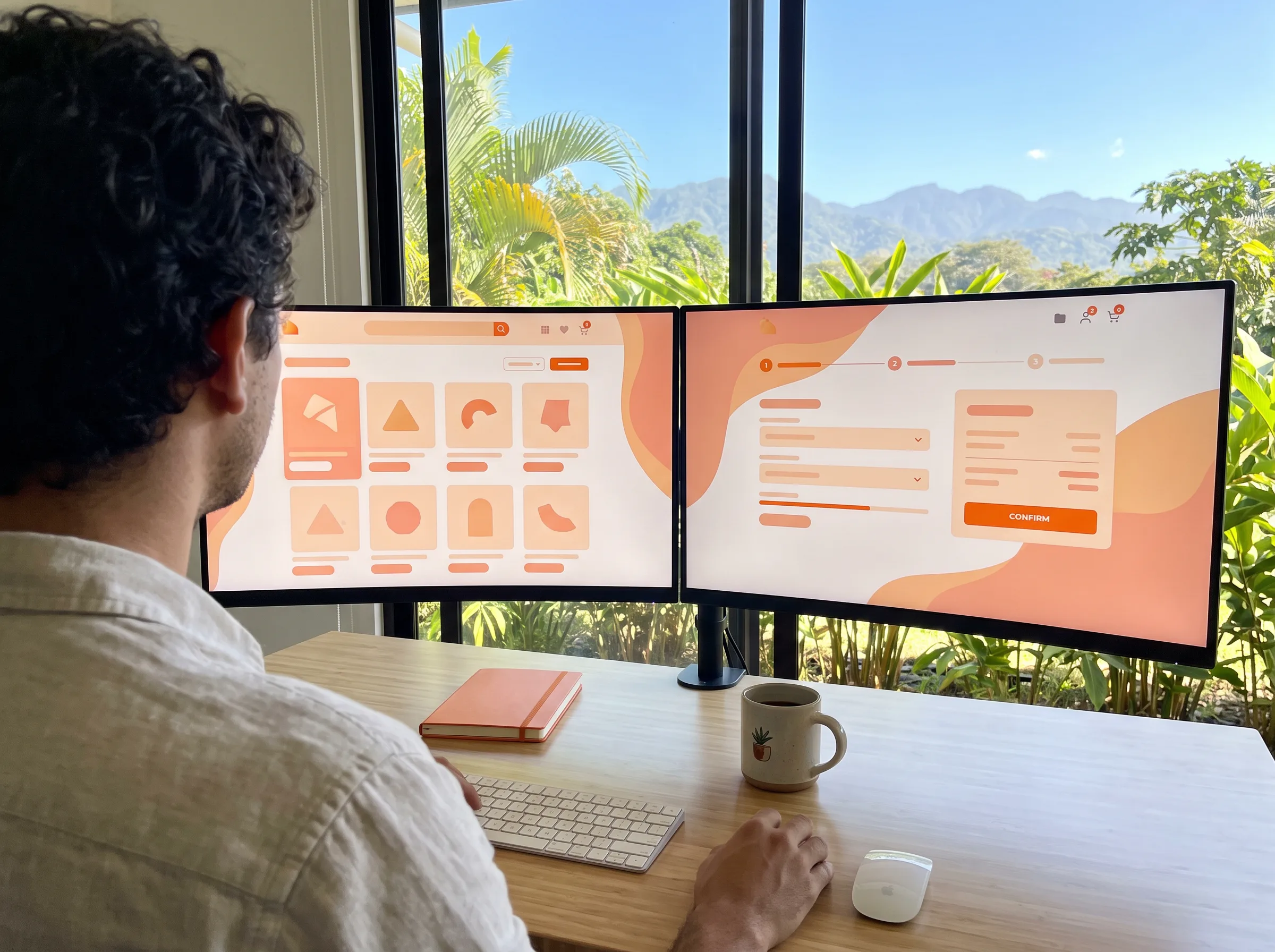 Nearshore Shopify developer dual-monitor setup showing an e-commerce checkout interface for Shopify Plus checkout extensibility work