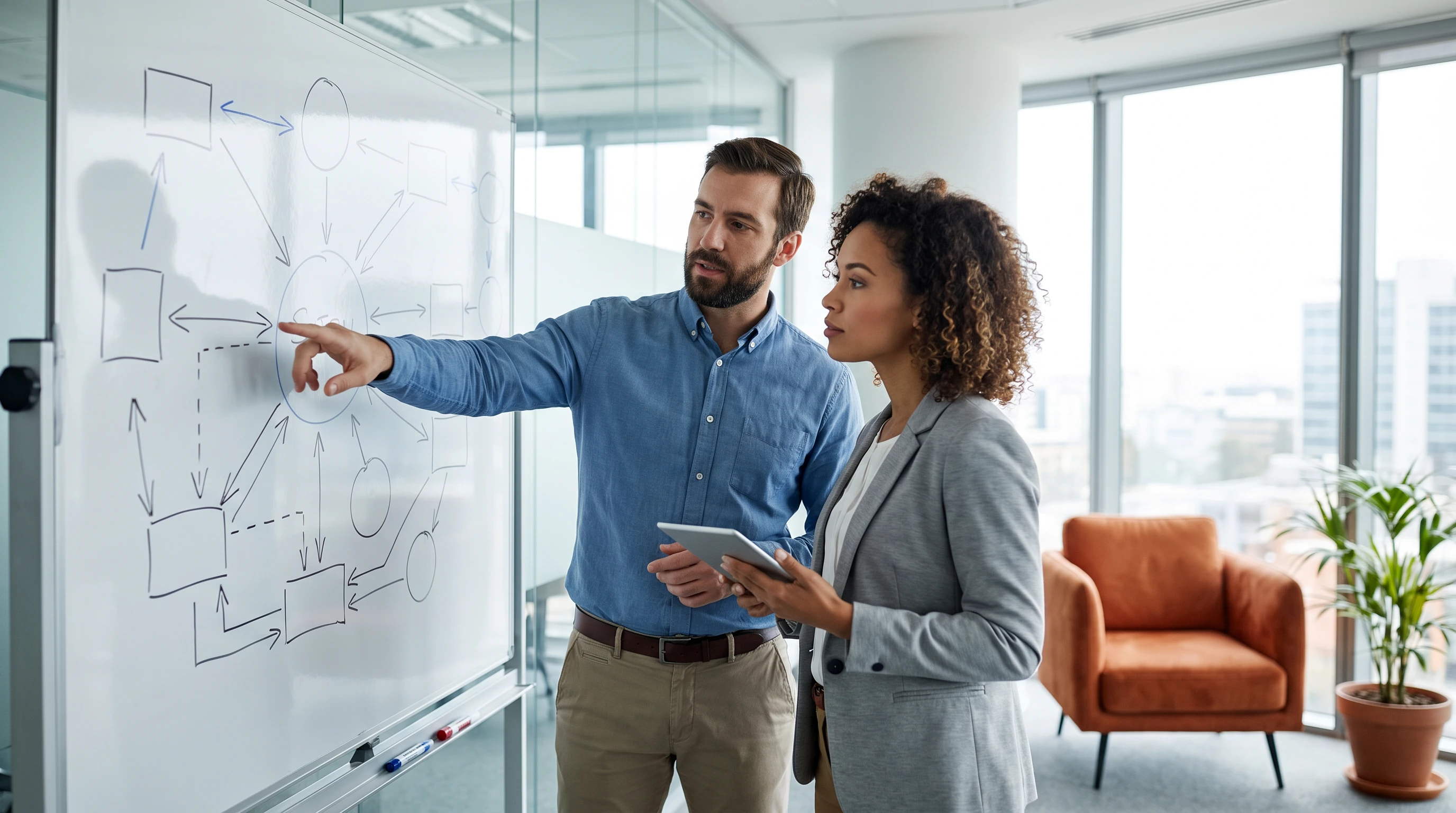 Two technical support specialists reviewing a bug escalation workflow on a whiteboard