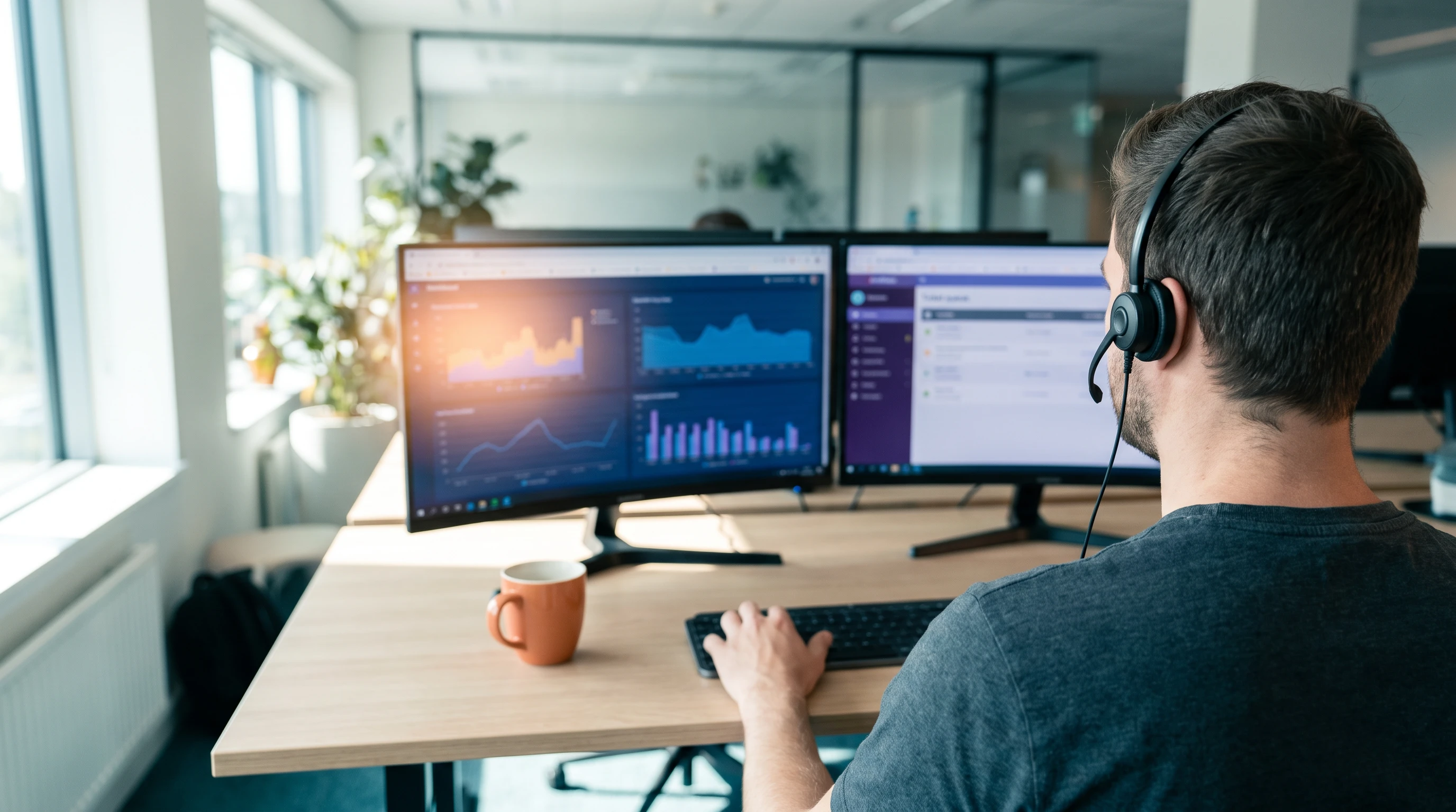 Offshore technical support specialist troubleshooting a ticket queue and dashboards on dual monitors
